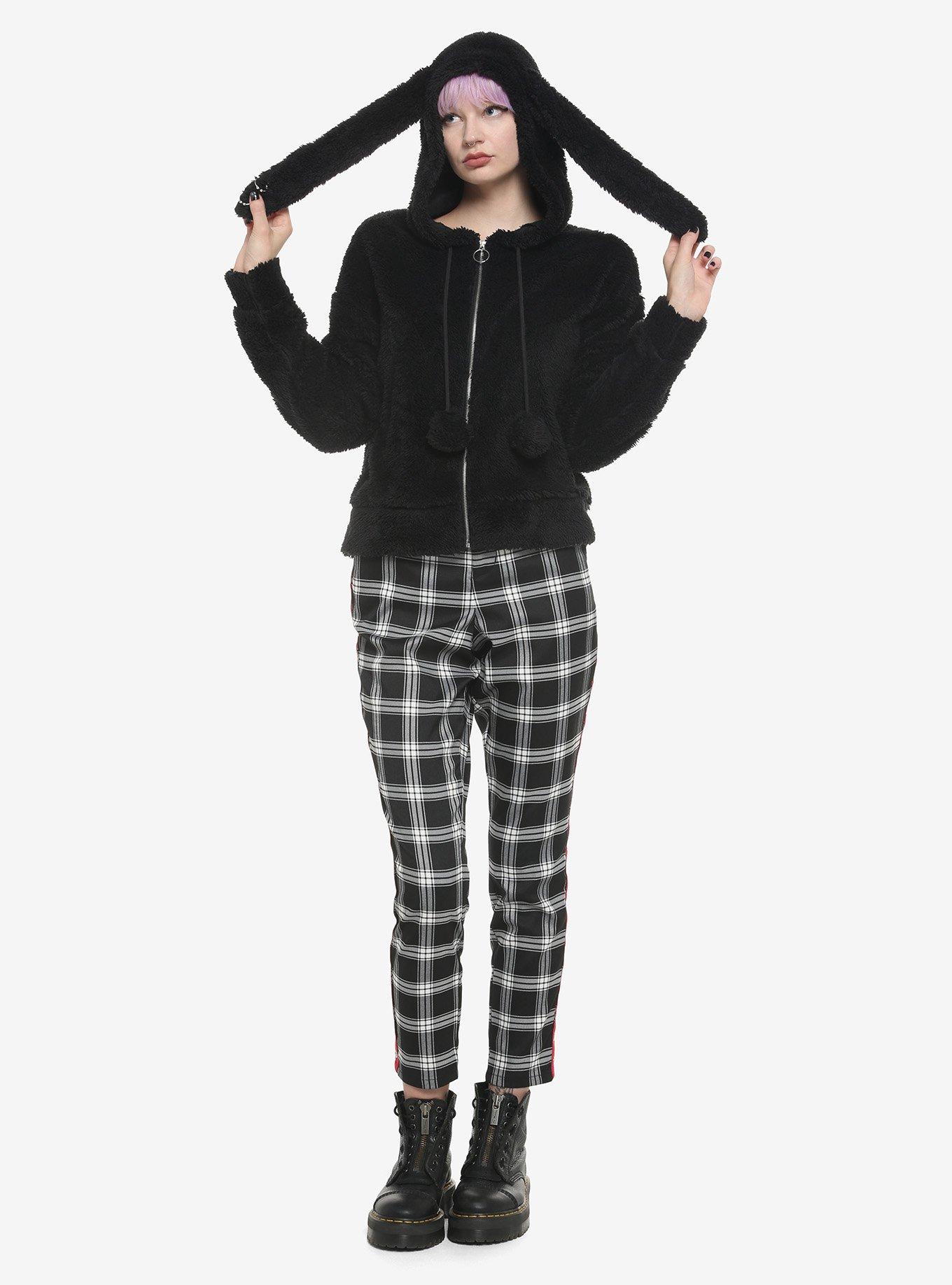 Black Bunny Fuzzy Crop Girls Hoodie, BLACK, alternate