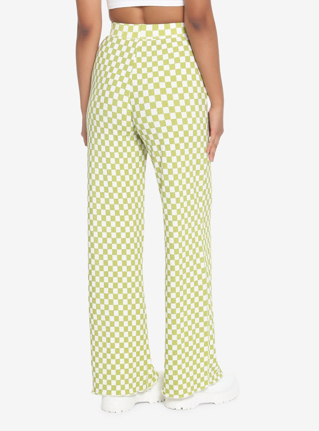 Green & White Checkered Straight Leg Pants, LIME, alternate