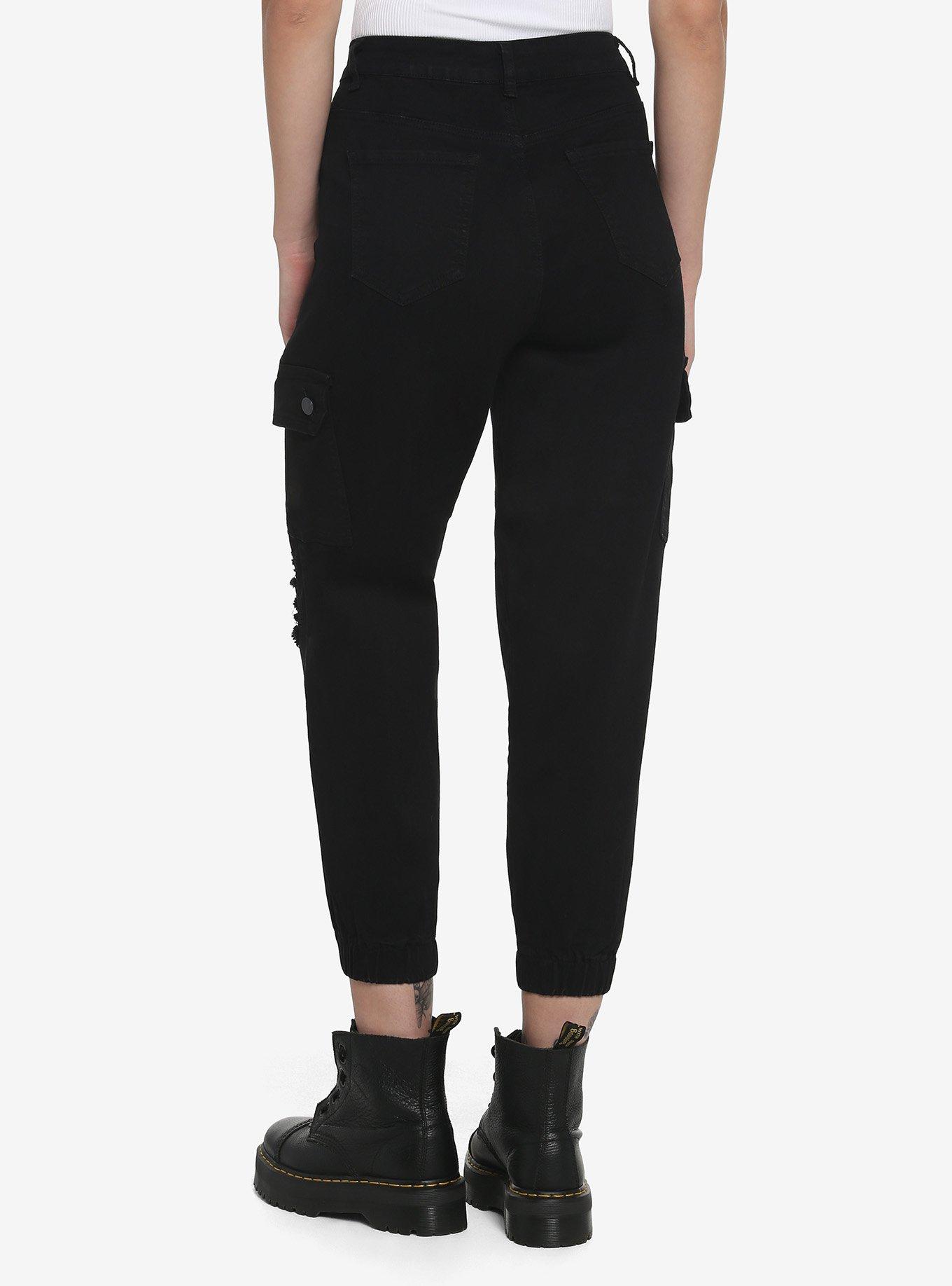 Black Destructed Cargo Jogger Pants, BLACK, alternate