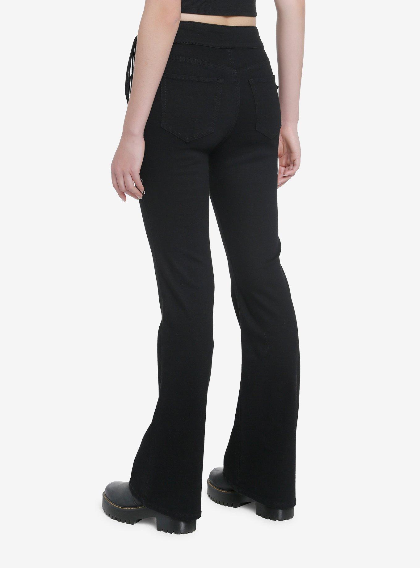 Black Lace-Up Flare Denim Pants, BLACK, alternate