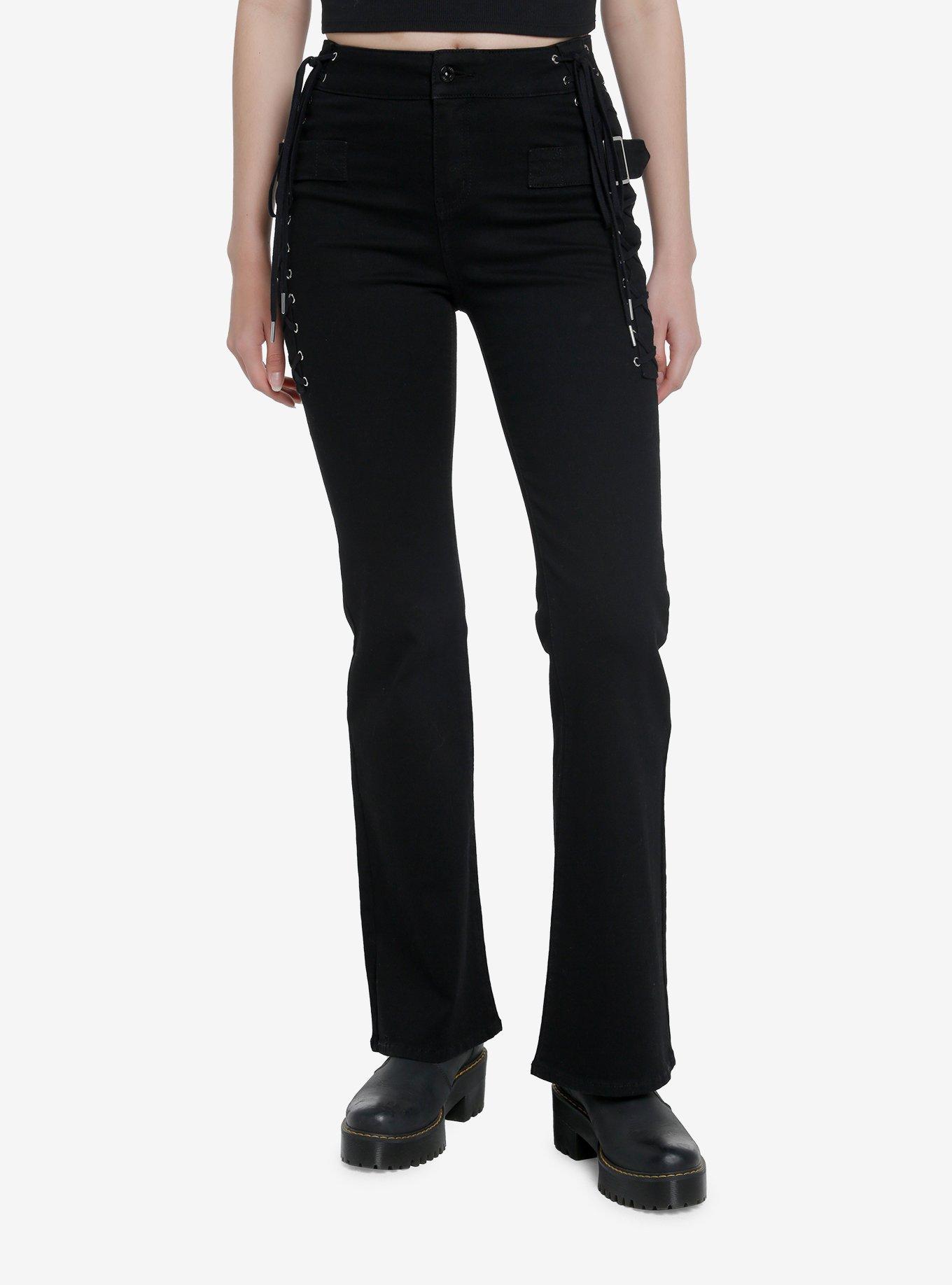 Black Lace-Up Flare Denim Pants, BLACK, alternate