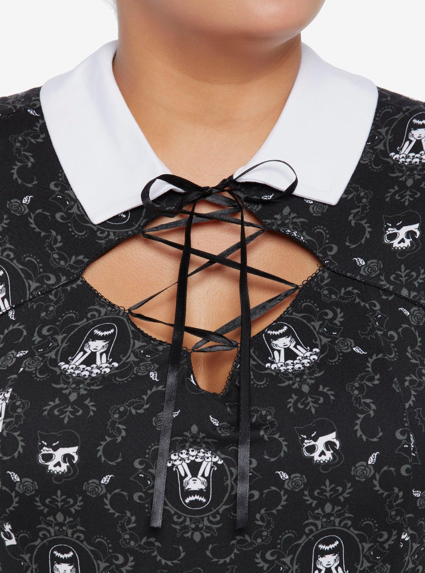 Emily The Strange Gothic Portrait Lace-Up Collar Dress Plus Size, MULTI, alternate
