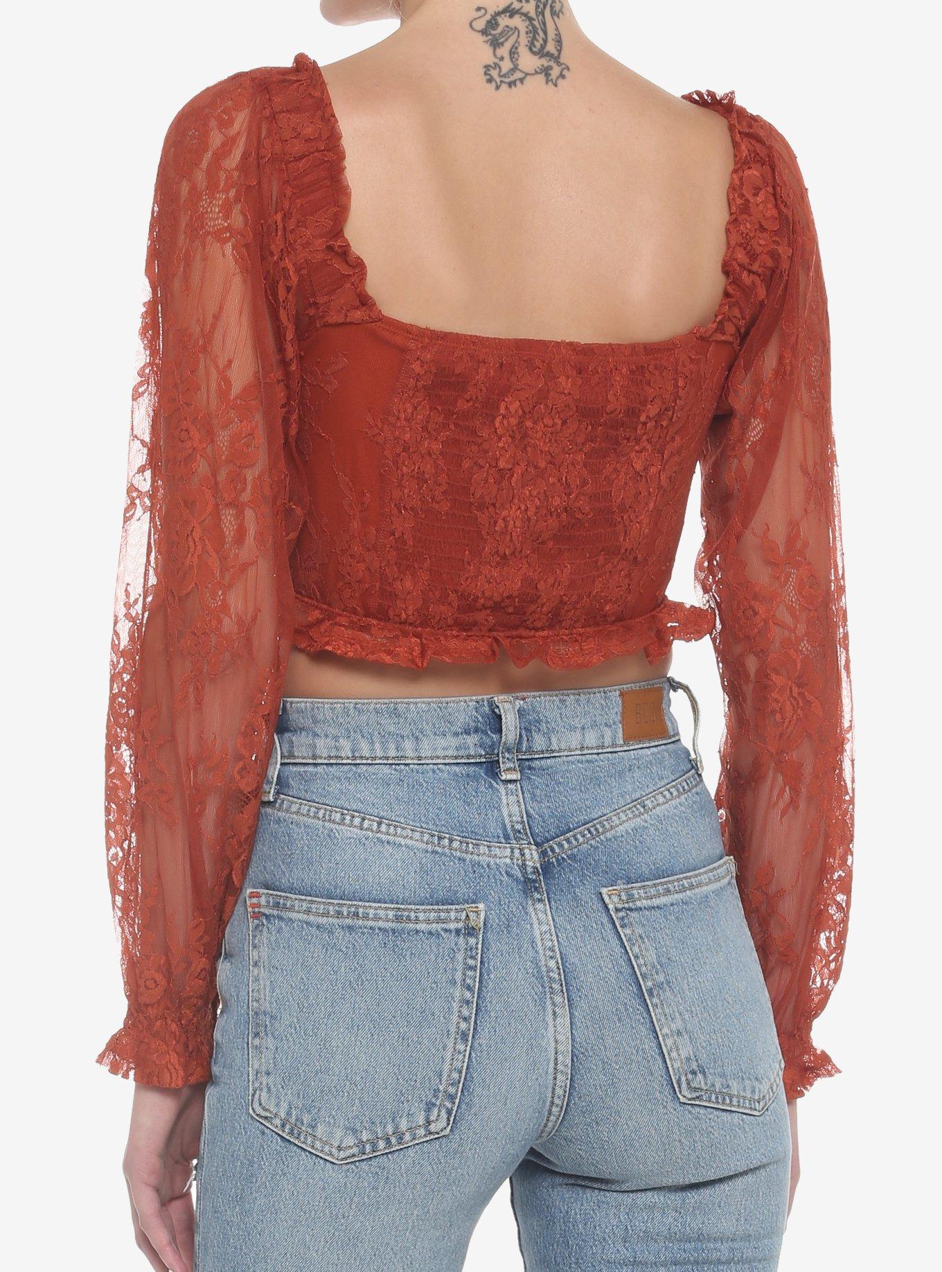 Rust Lace Corset Girls Crop Long-Sleeve Top, RUST, alternate