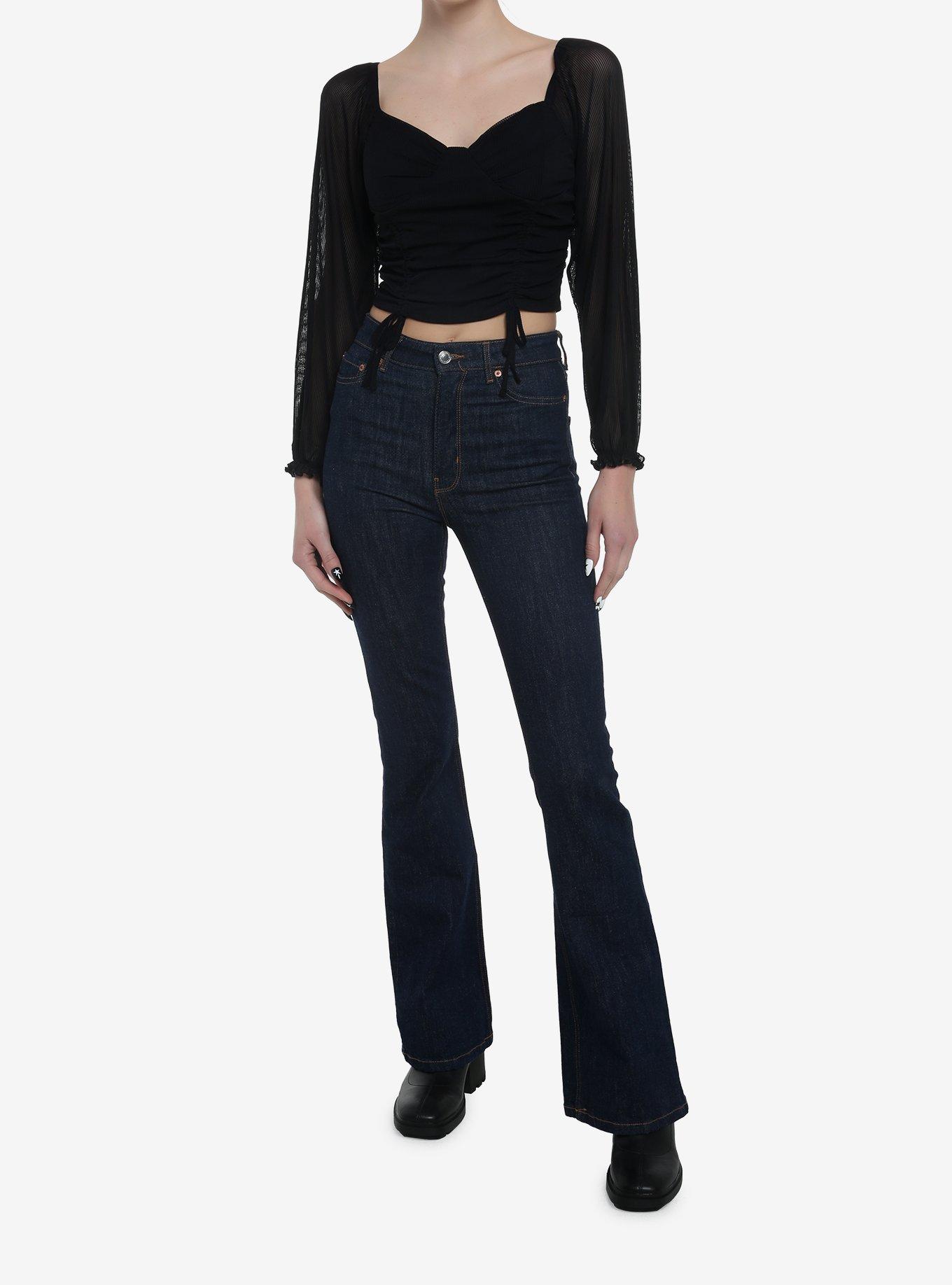 Black Sheer Girls Crop Peasant Top, BLACK, alternate