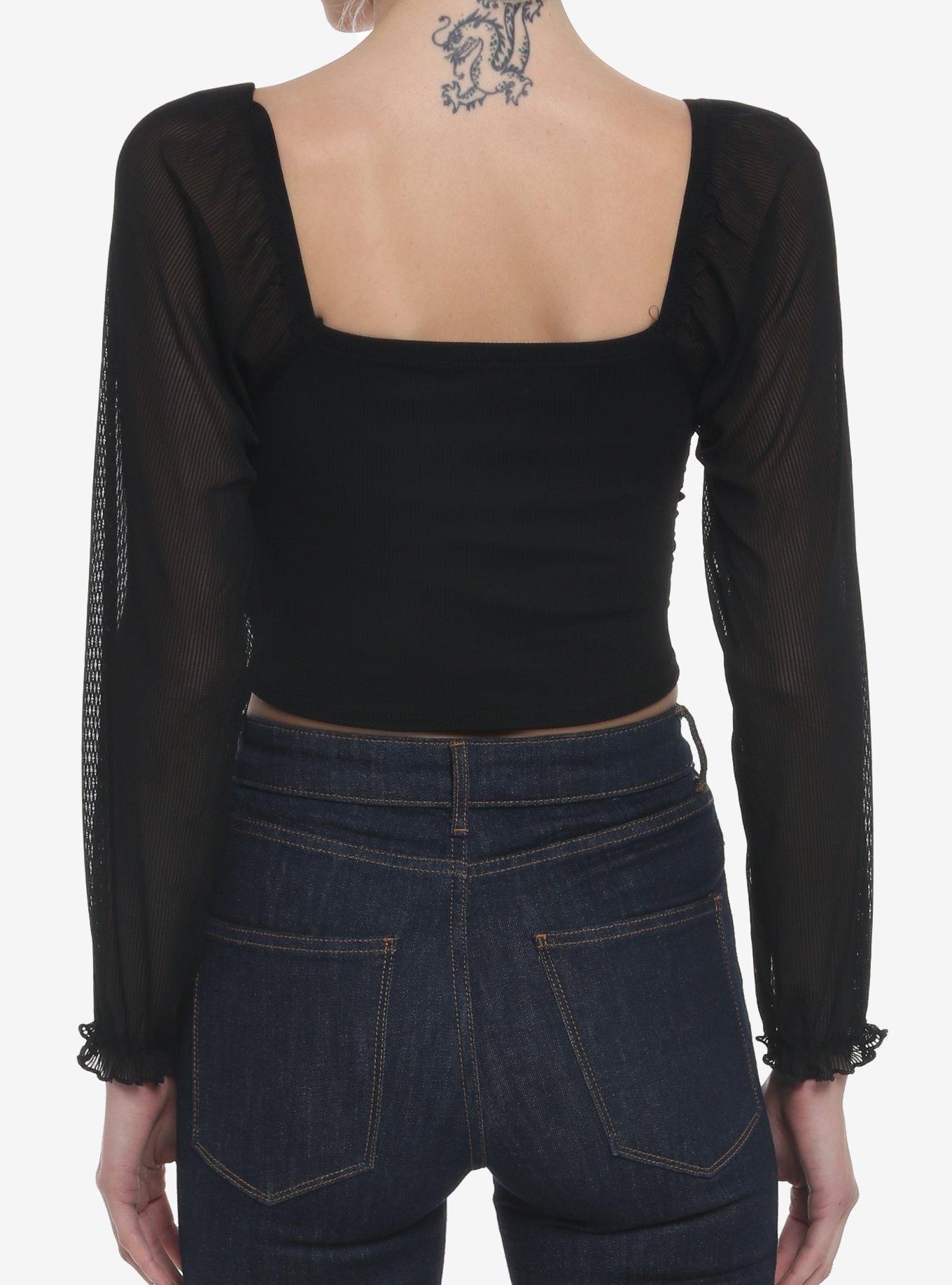 Black Sheer Girls Crop Peasant Top, BLACK, alternate