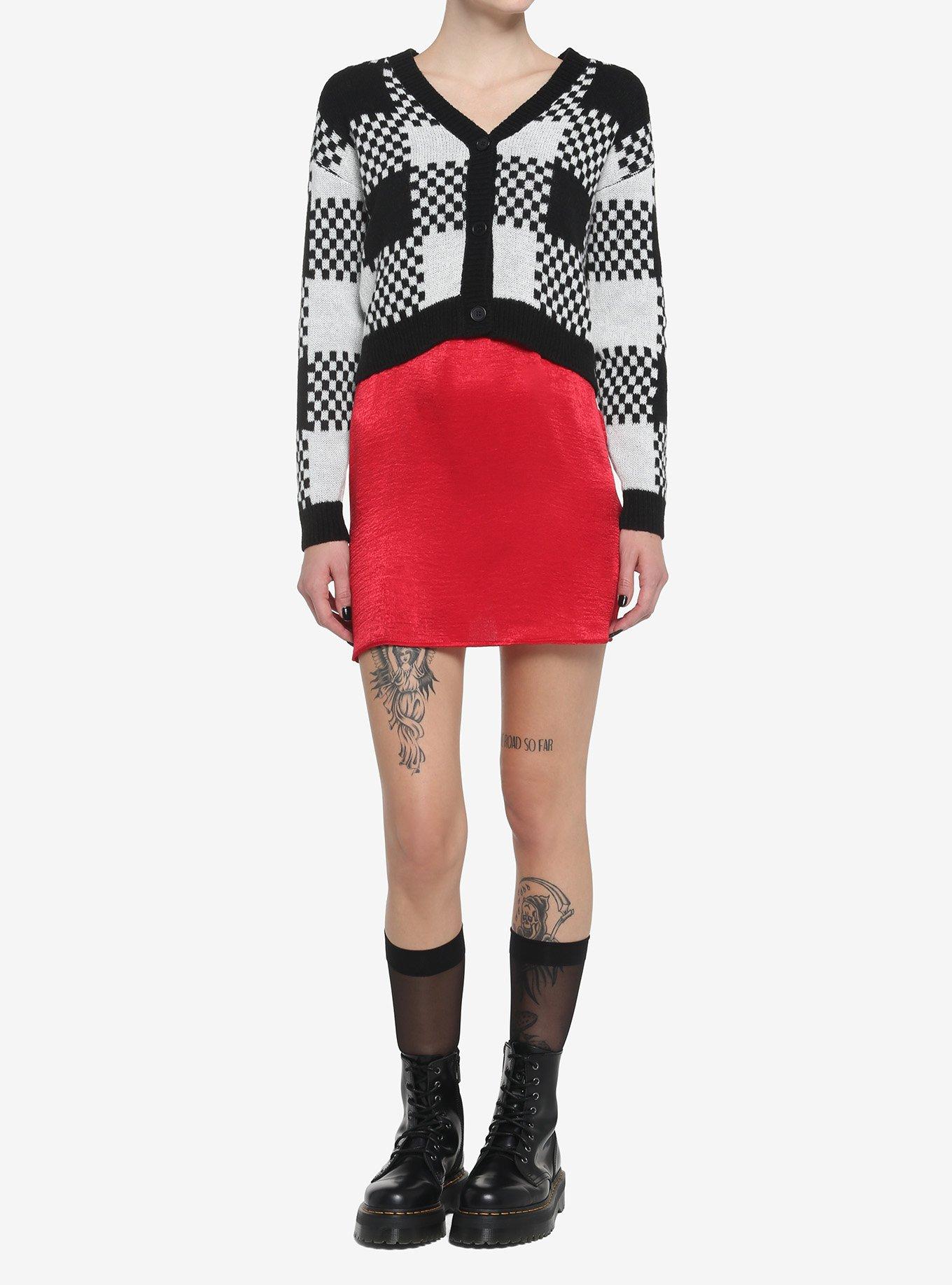 Black & White Checkered Plaid Girls Crop Cardigan, BLACK  IVORY, alternate