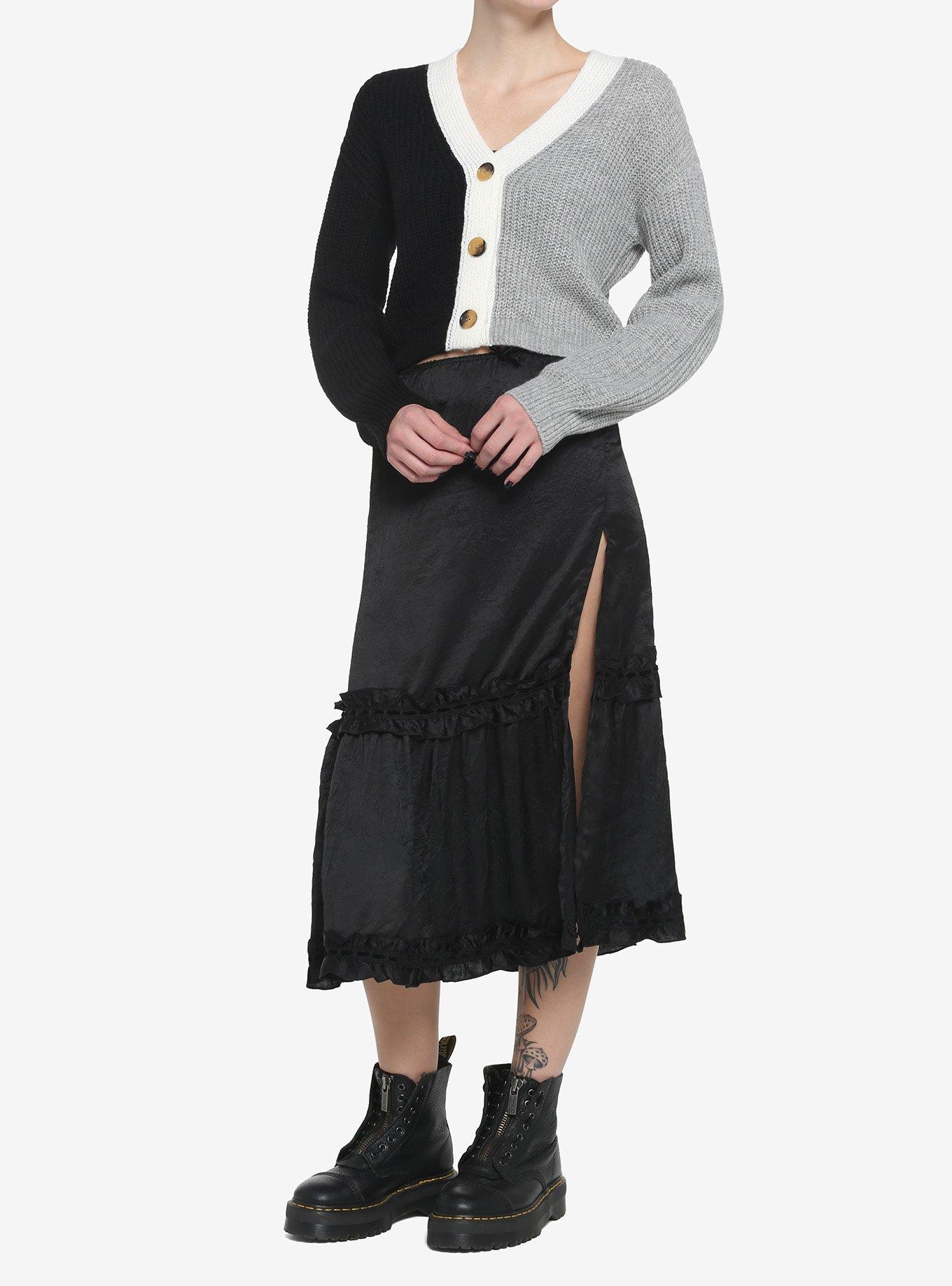 Grey Black Split Girls Crop Cardigan, BLACK  GREY, alternate