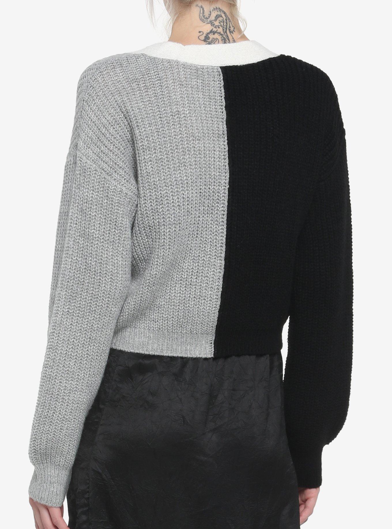 Grey Black Split Girls Crop Cardigan, BLACK  GREY, alternate