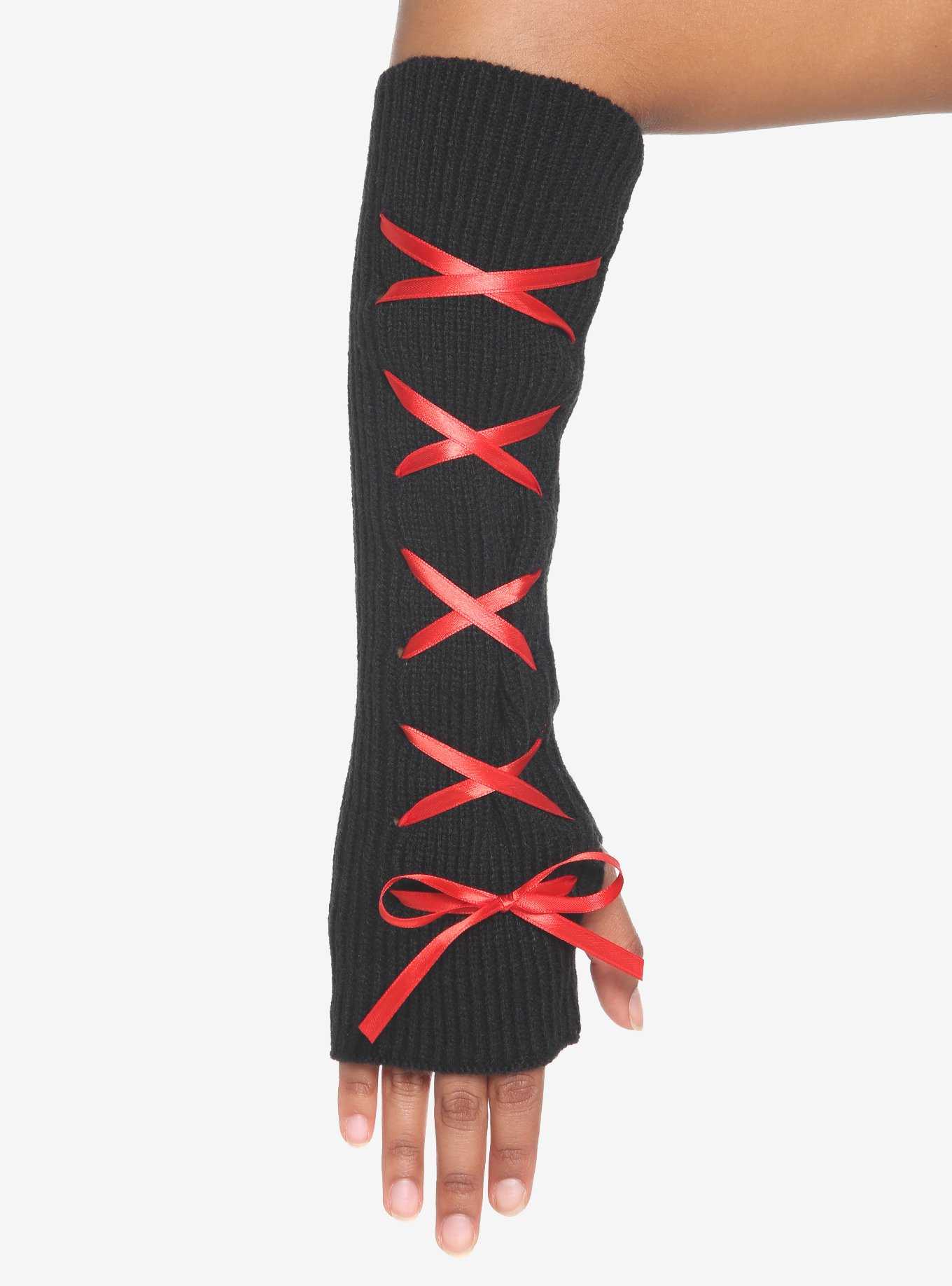 Red Lace-Up Knit Arm Warmers, , hi-res
