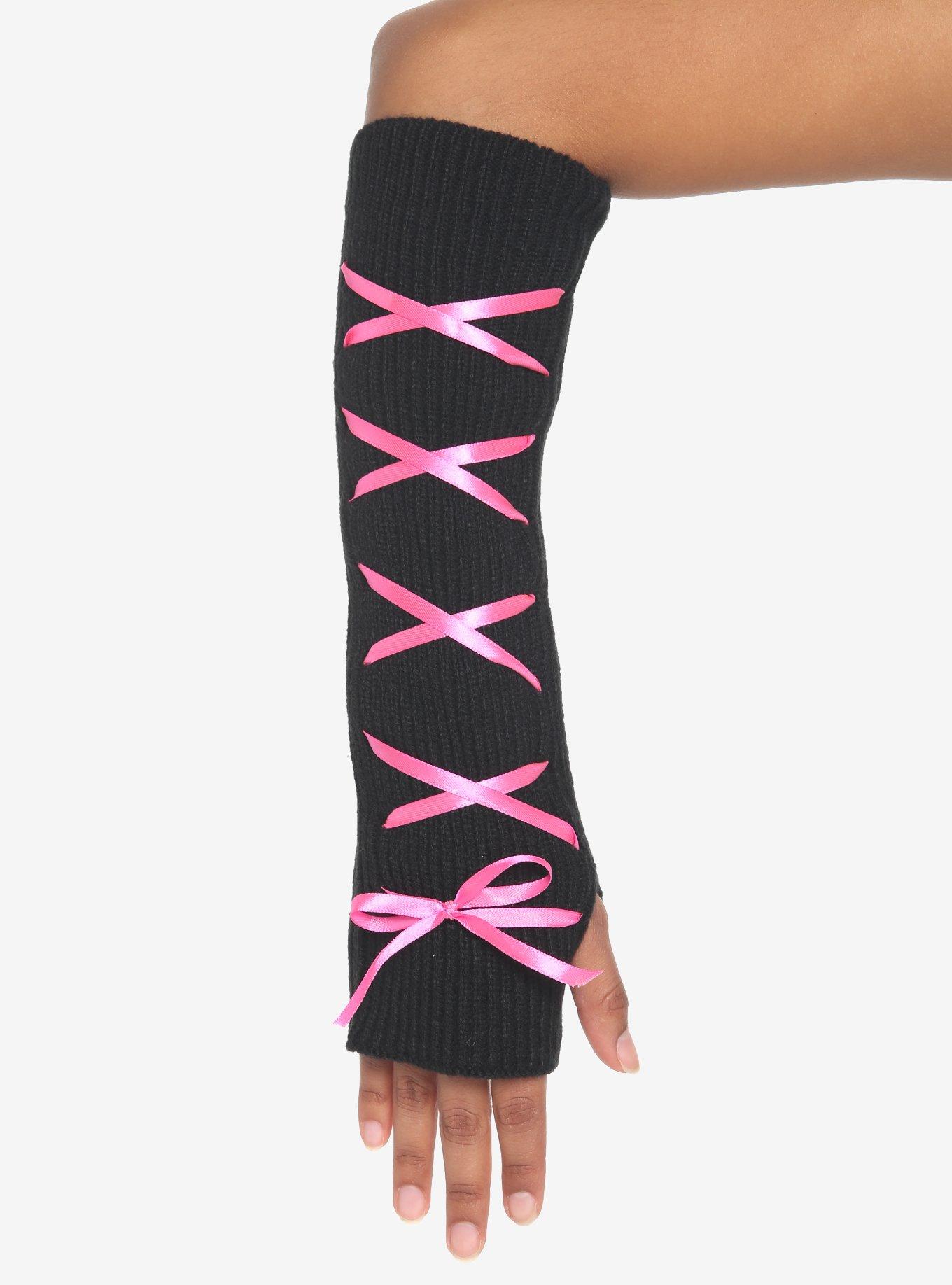 Pink Lace-Up Knit Arm Warmers, , alternate