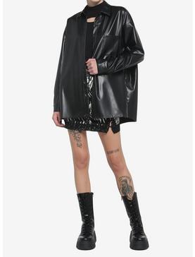 Black Faux Leather Longline Girls Collar Shirt, , hi-res