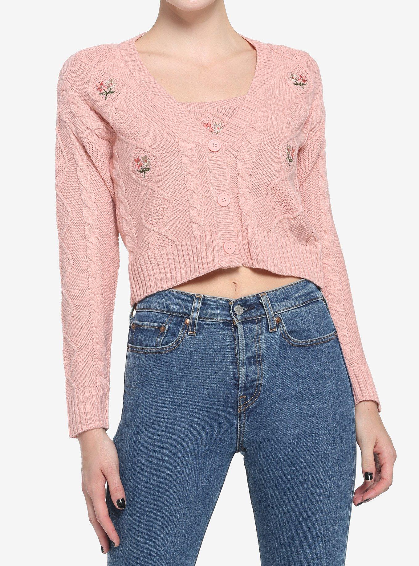 Pink Flower Girls Crop Knit Cardigan & Cami Set, ROSE, alternate