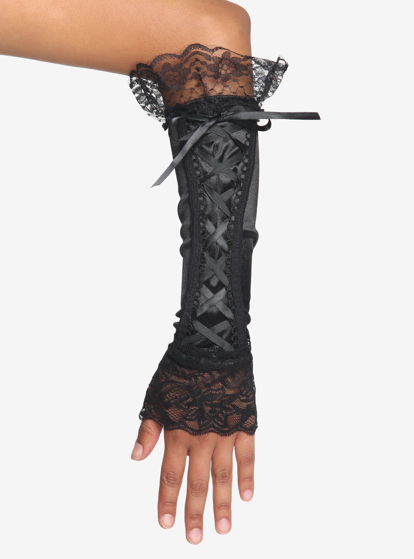 Black Ruffle Lace-Up Arm Warmers, , alternate
