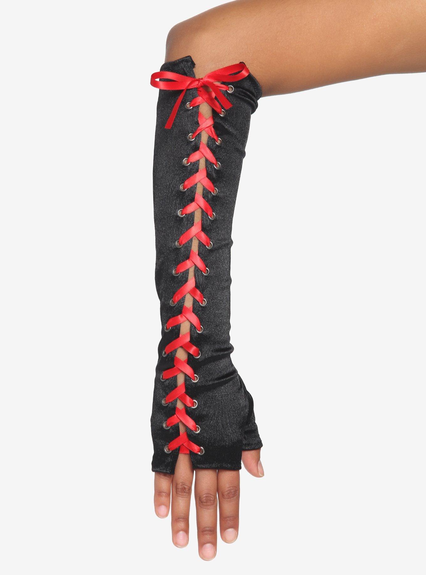 Black & Red Lace-Up Arm Warmers, , alternate