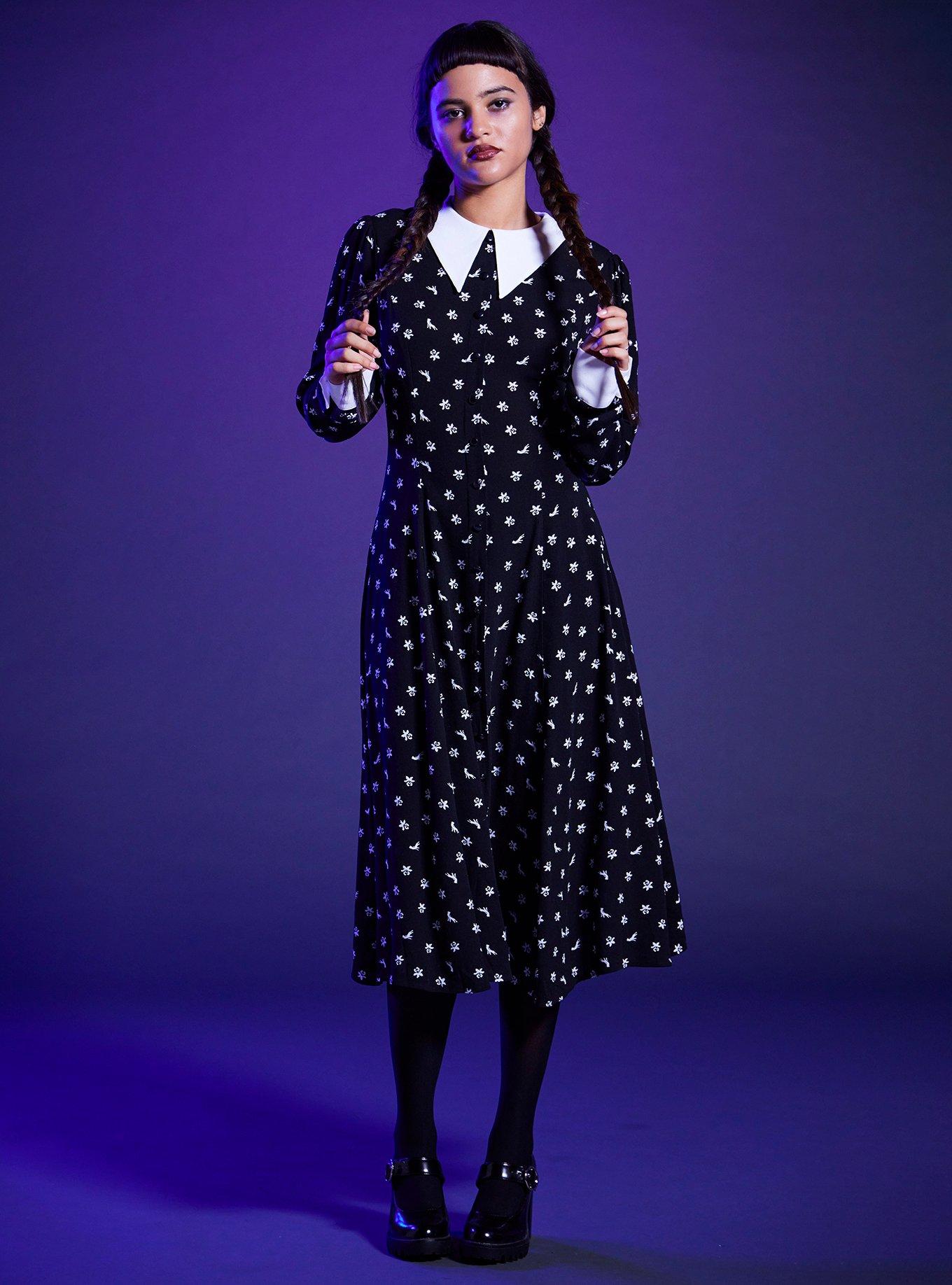 Wednesday Icons Collar Long-Sleeve Dress, POLKA DOT-BLACK, alternate