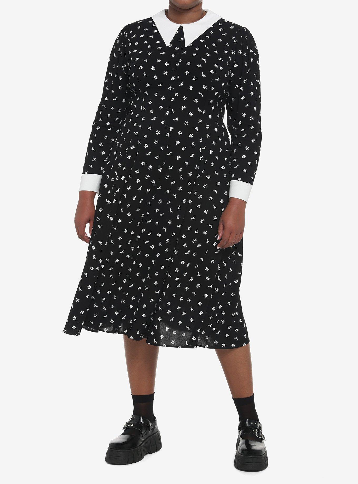 Wednesday Icons Collar Long-Sleeve Dress Plus Size, POLKA DOT-BLACK, alternate