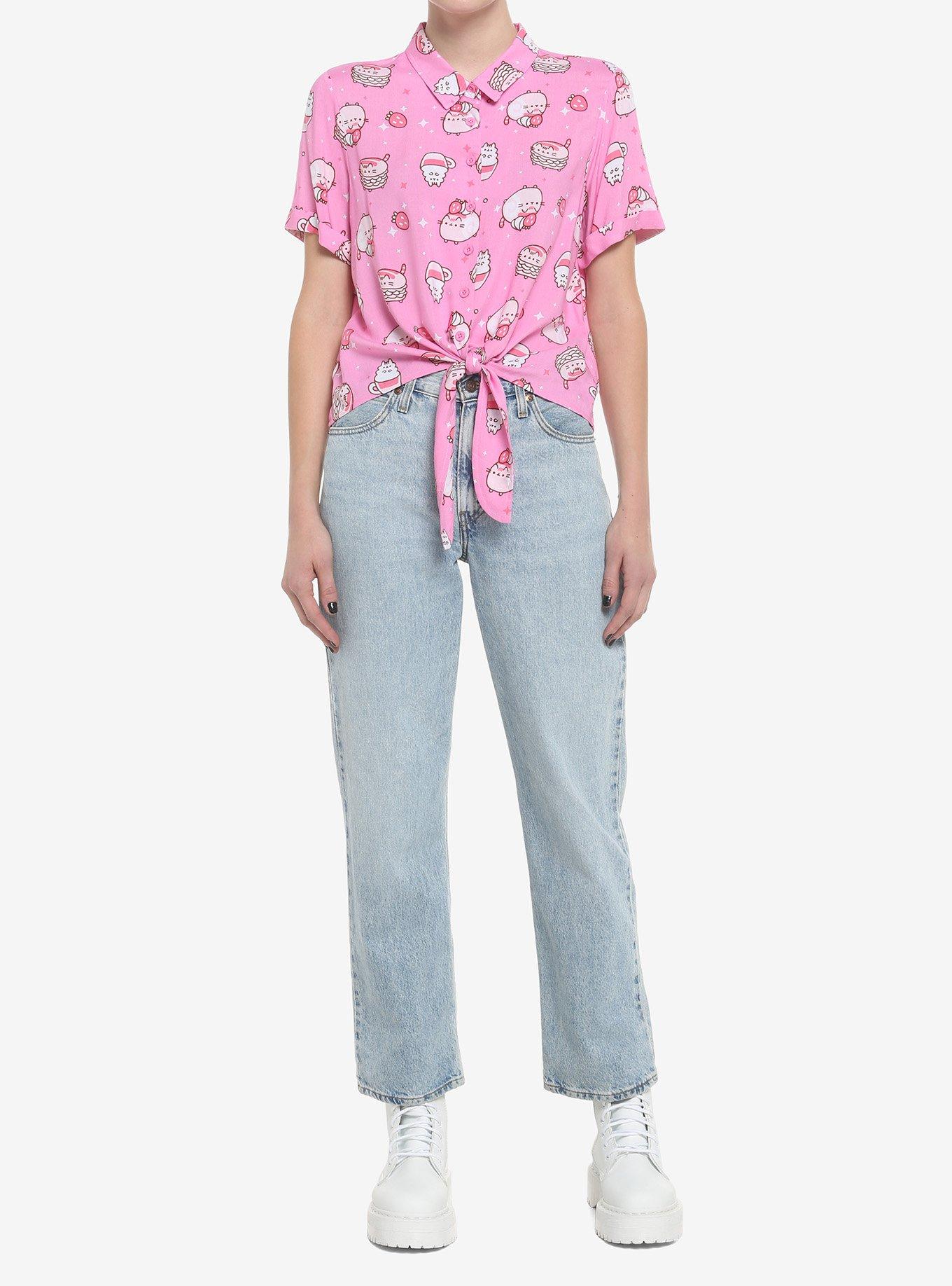 Pusheen Pink Sweets Tie-Front Girls Woven Button-Up, MULTI, alternate