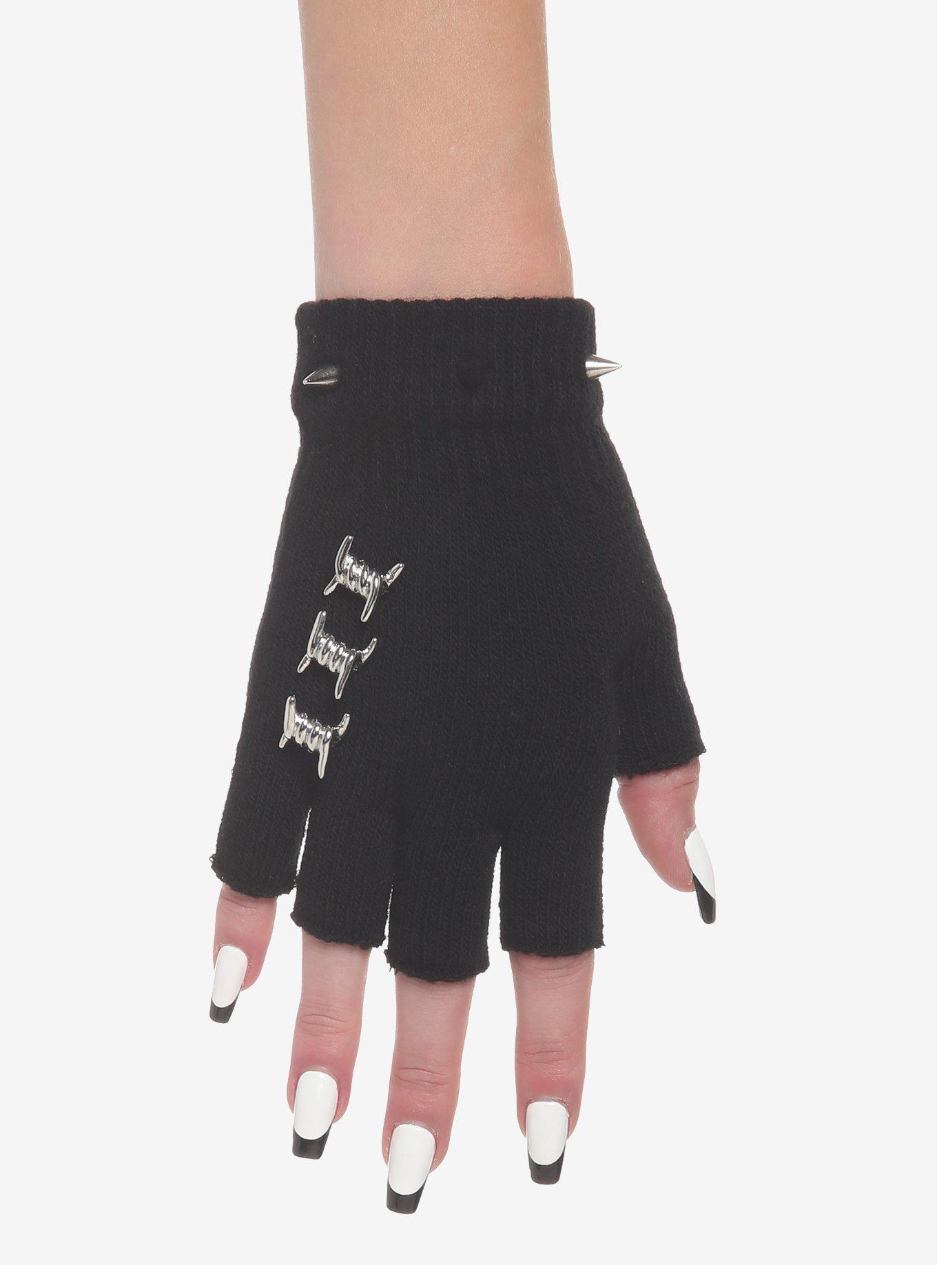 Barbed Wire Spike Stud Fingerless Gloves, , alternate