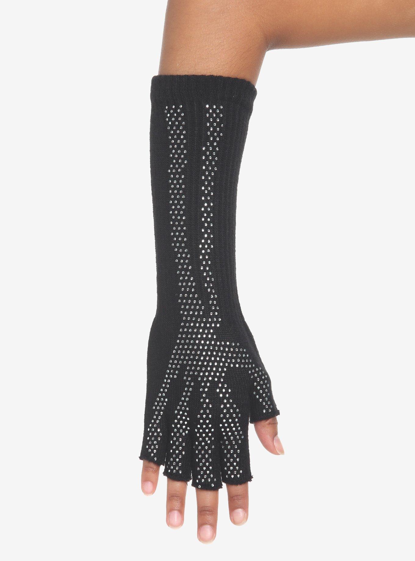 Skeleton Rhinestone Fingerless Gloves, , alternate