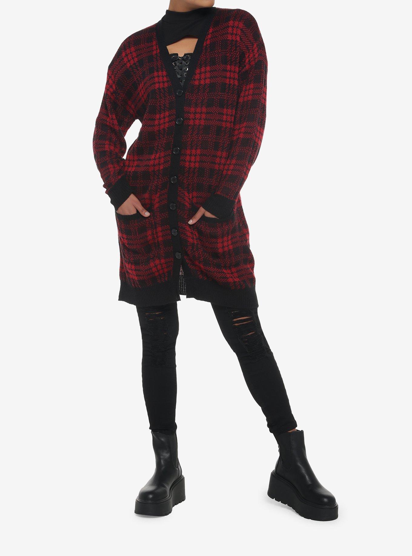 Red & Black Plaid Oversized Cardigan, PLAID - RED, alternate