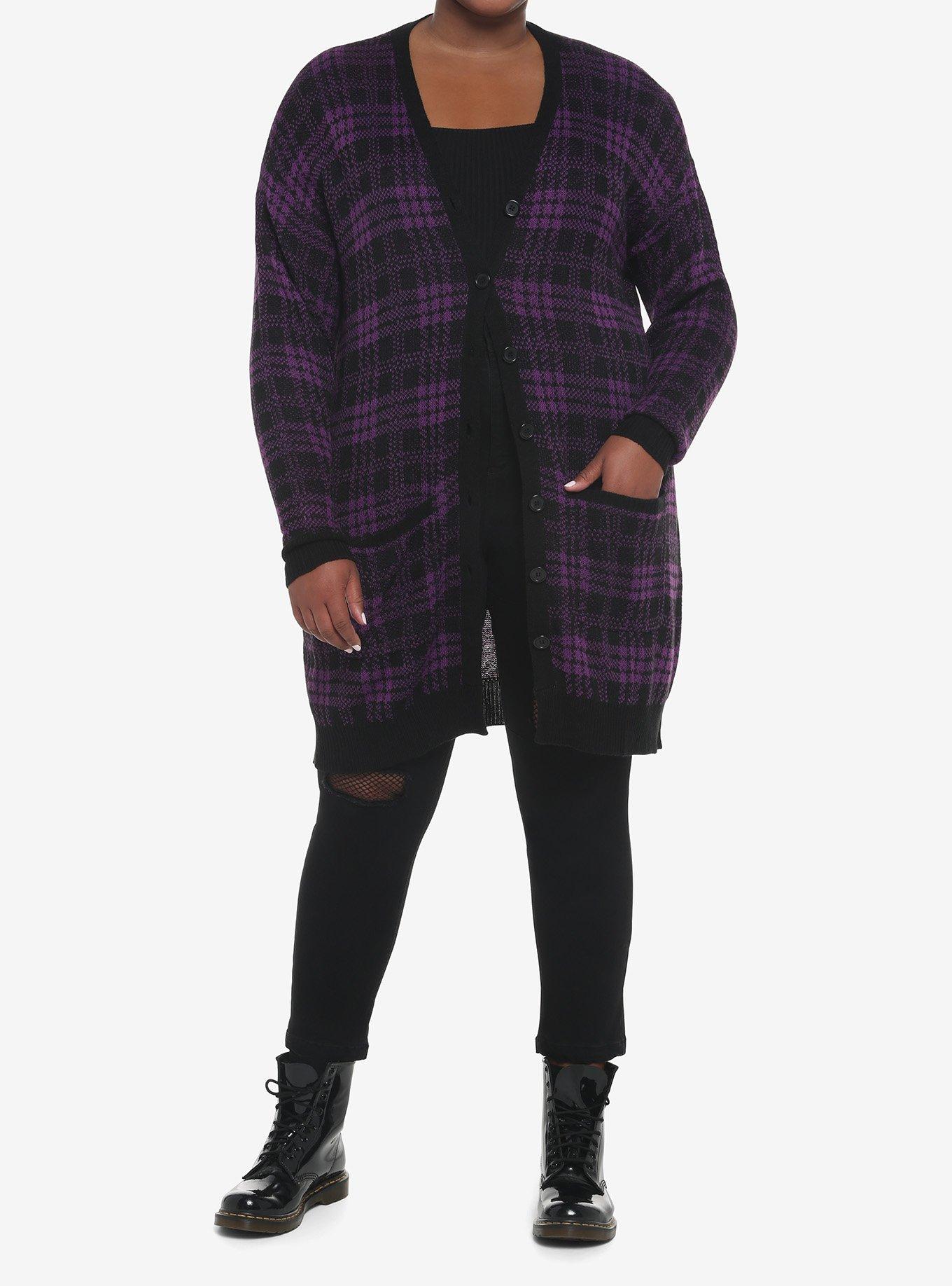 Purple & Black Plaid Oversized Cardigan Plus Size, MULTI, alternate
