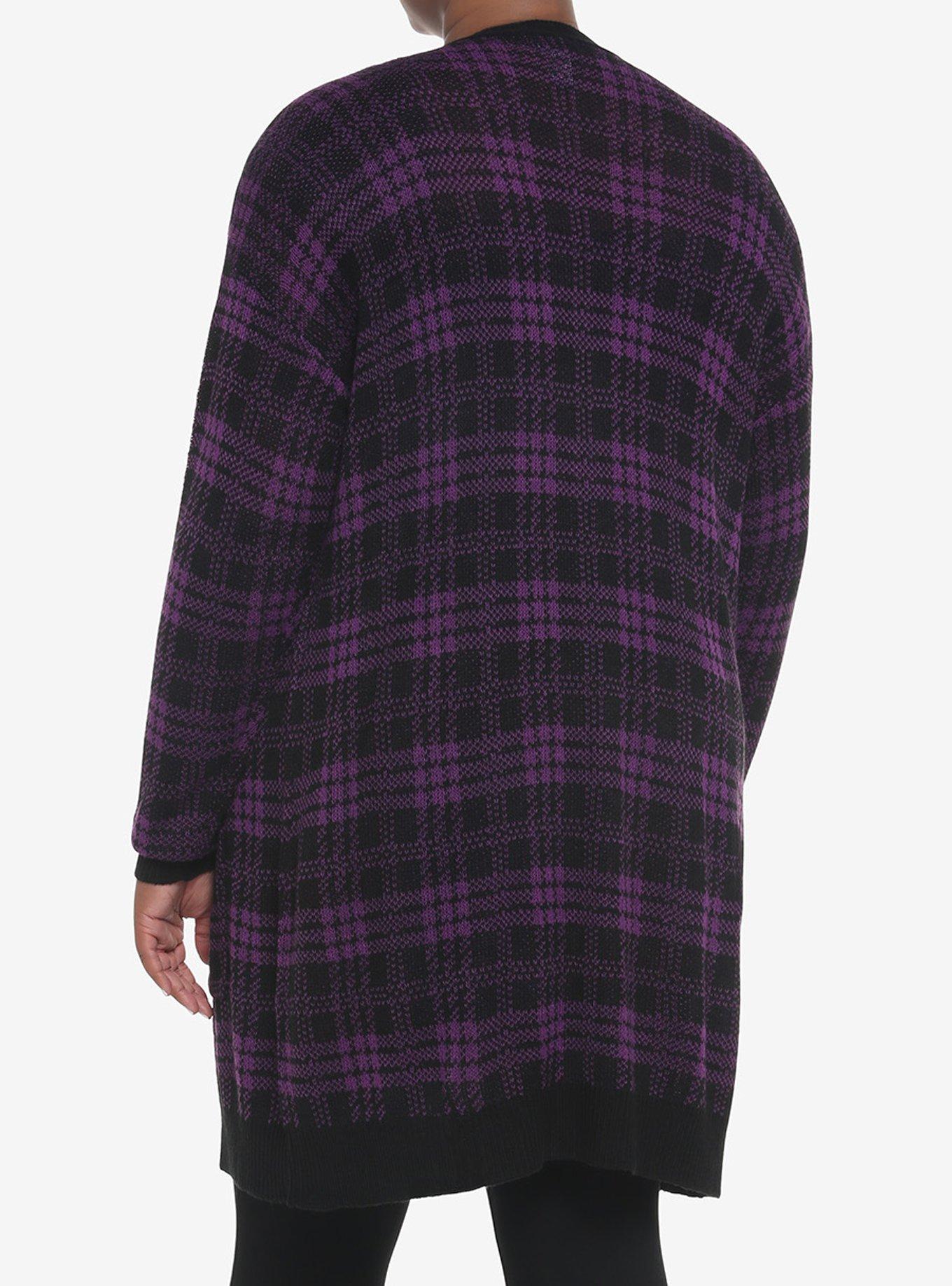 Purple & Black Plaid Oversized Cardigan Plus Size, MULTI, alternate