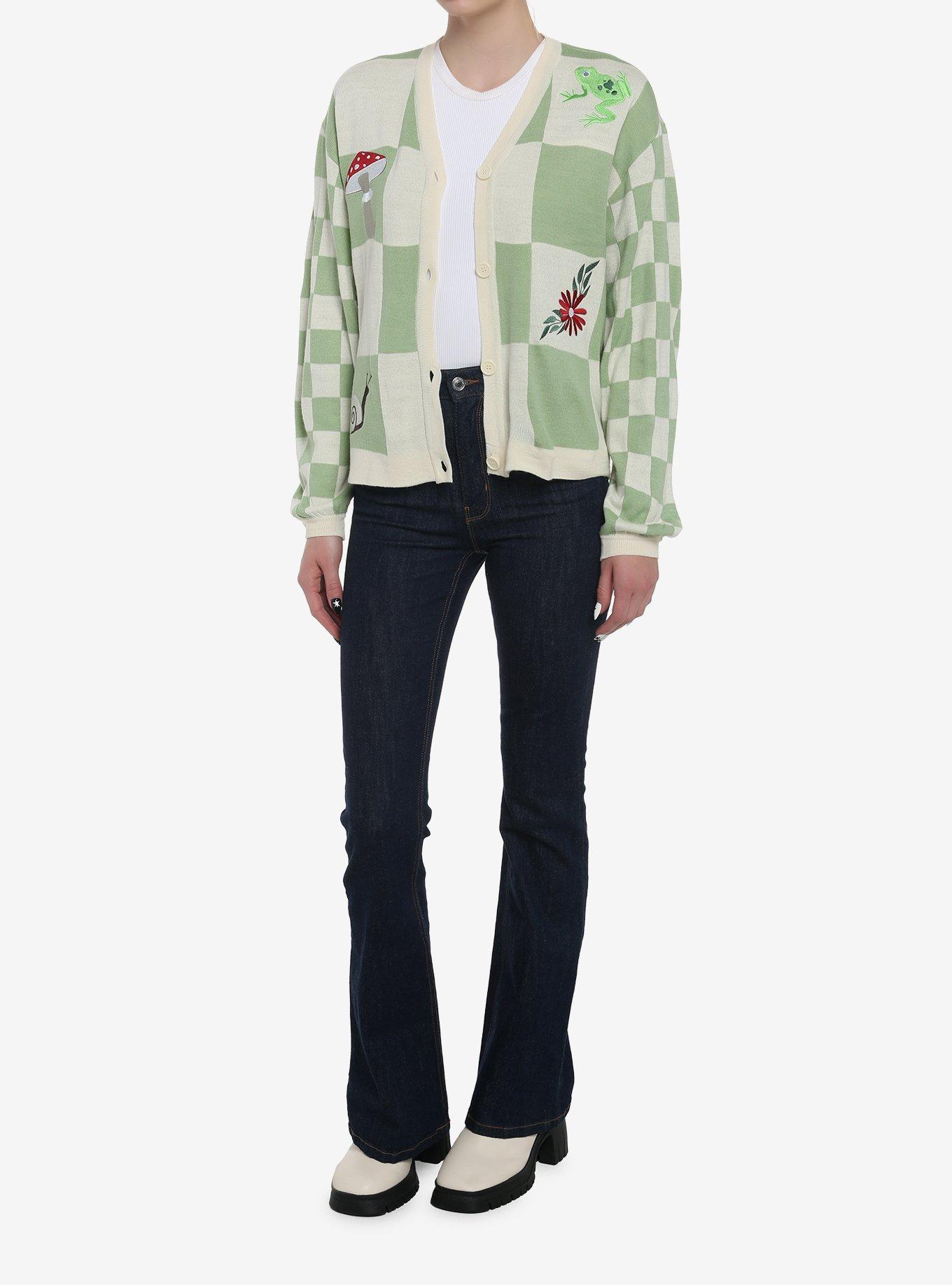Cottagecore Patch Checkered Oversized Cardigan, , hi-res