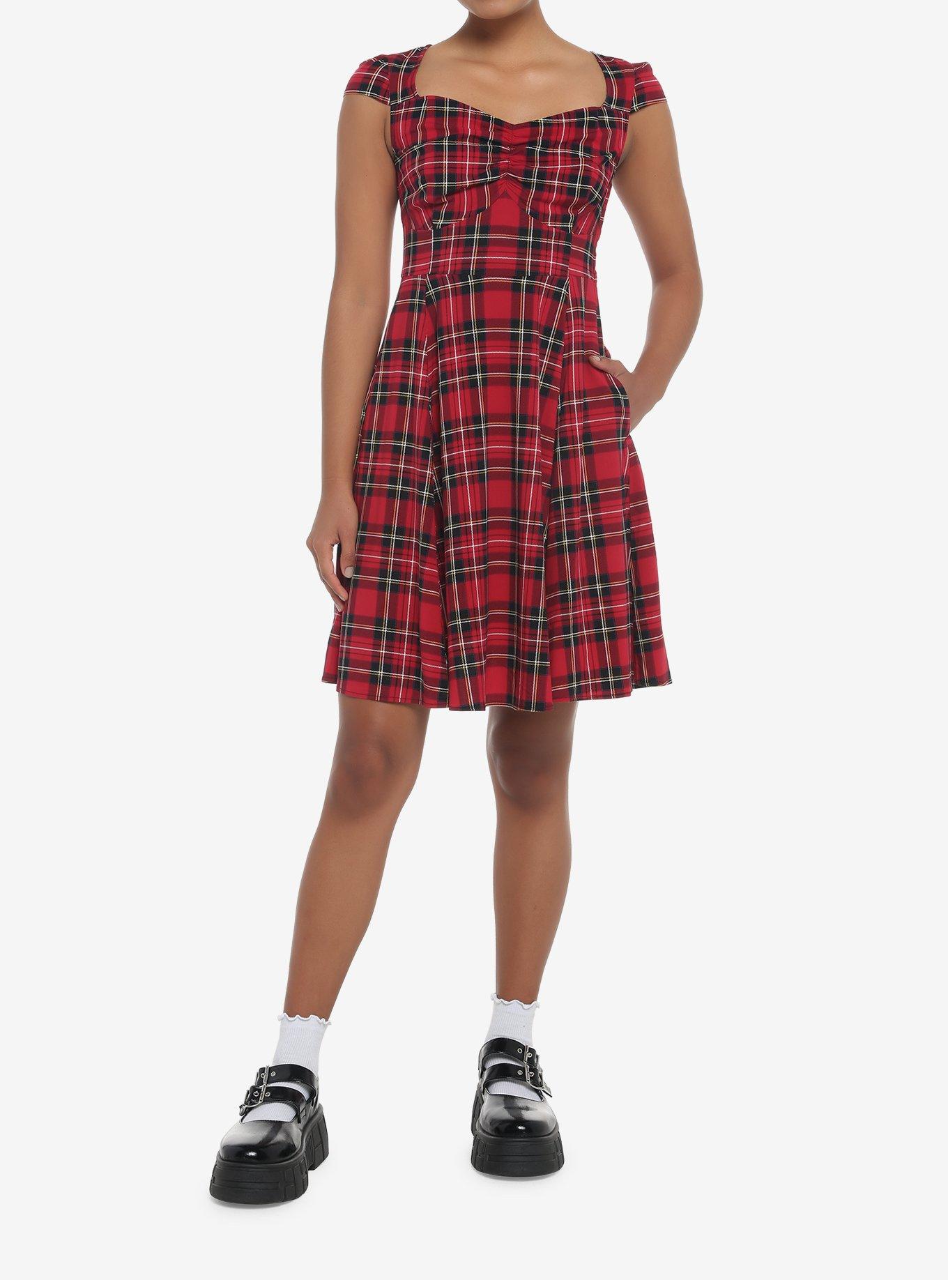 Red Plaid Retro Sweetheart Dress, PLAID - RED, alternate
