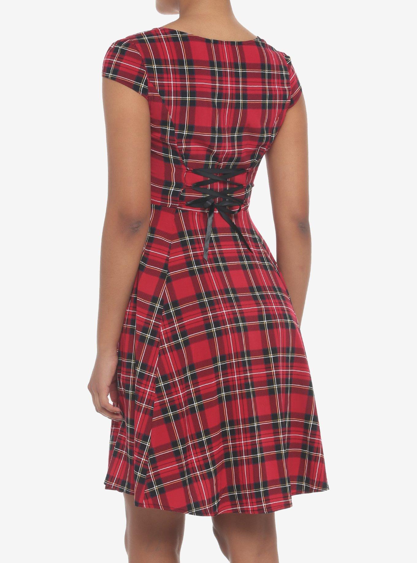 Red Plaid Retro Sweetheart Dress, PLAID - RED, alternate