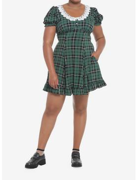 Green Plaid Lace Collar Mini Dress Plus Size, , hi-res