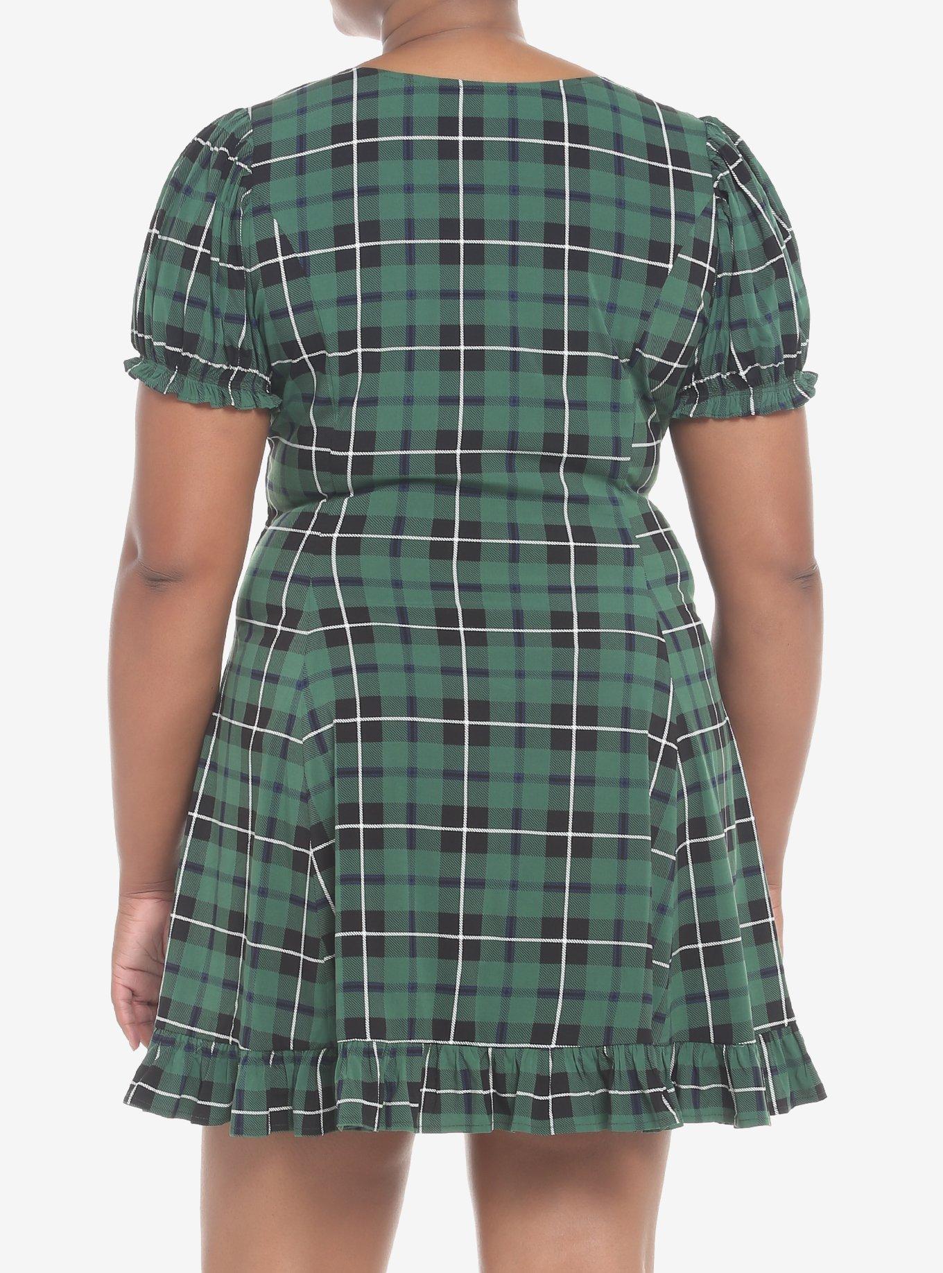 Green Plaid Lace Collar Mini Dress Plus Size, PLAID - GREEN, alternate