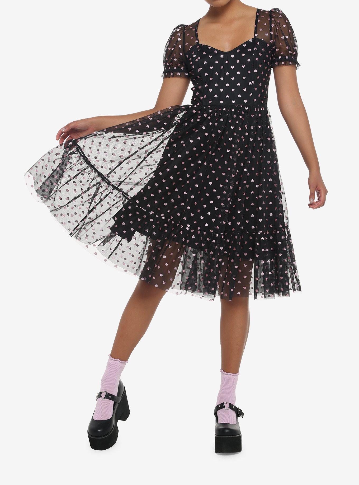 Pink Hearts Glitter Mesh Dress, BLACK, alternate