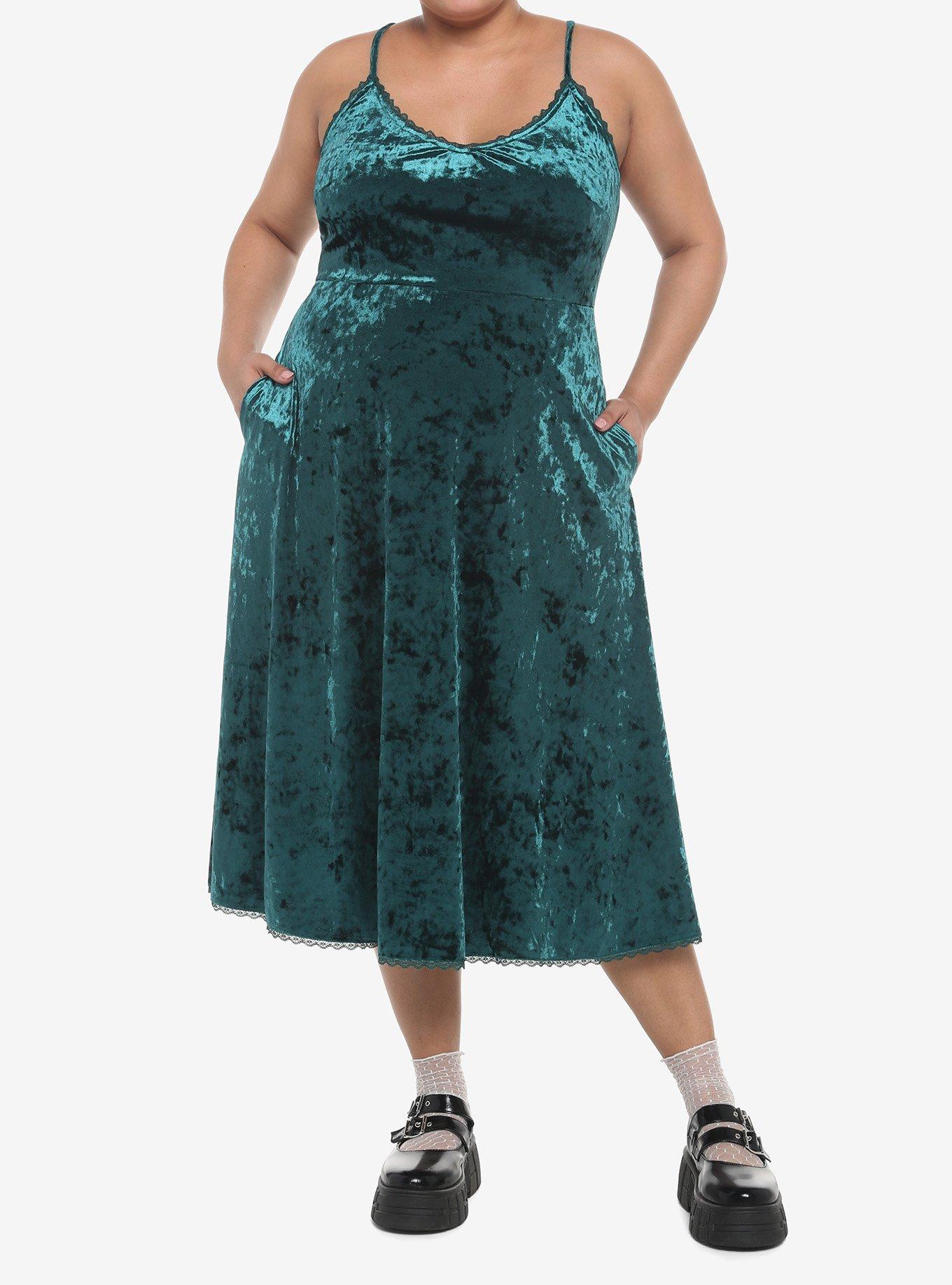 Green Velvet Midi Slip Dress Plus Size, FOREST GREEN, alternate