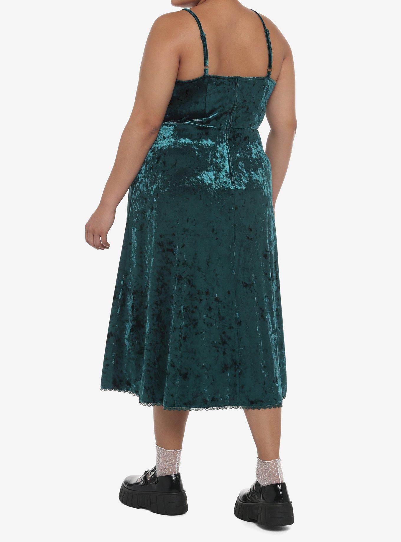 Green Velvet Midi Slip Dress Plus Size, FOREST GREEN, alternate