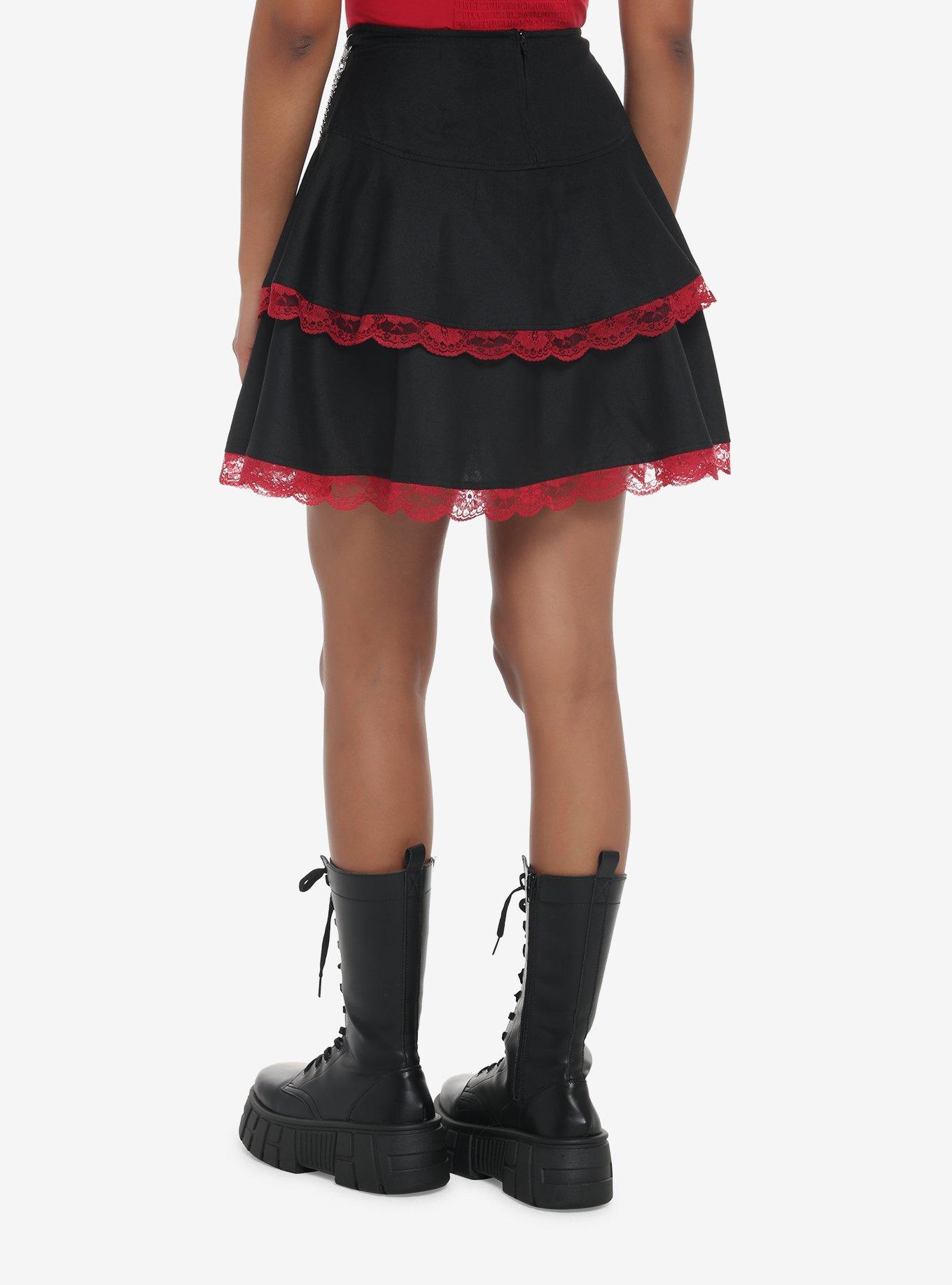 Red & Black Lace Chain Ribbon Tiered Skirt, BLACK, alternate
