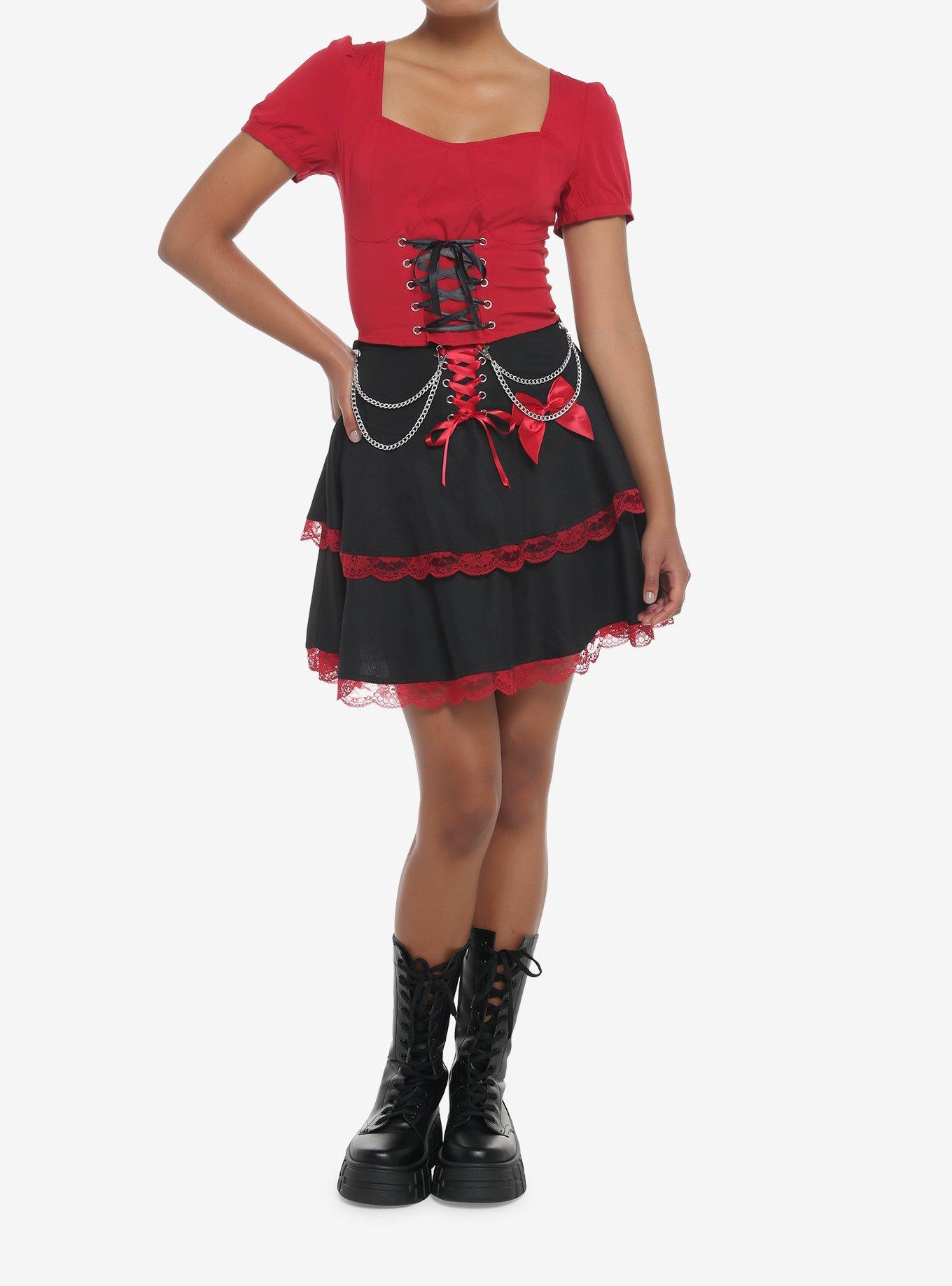Red & Black Lace Chain Ribbon Tiered Skirt, BLACK, alternate