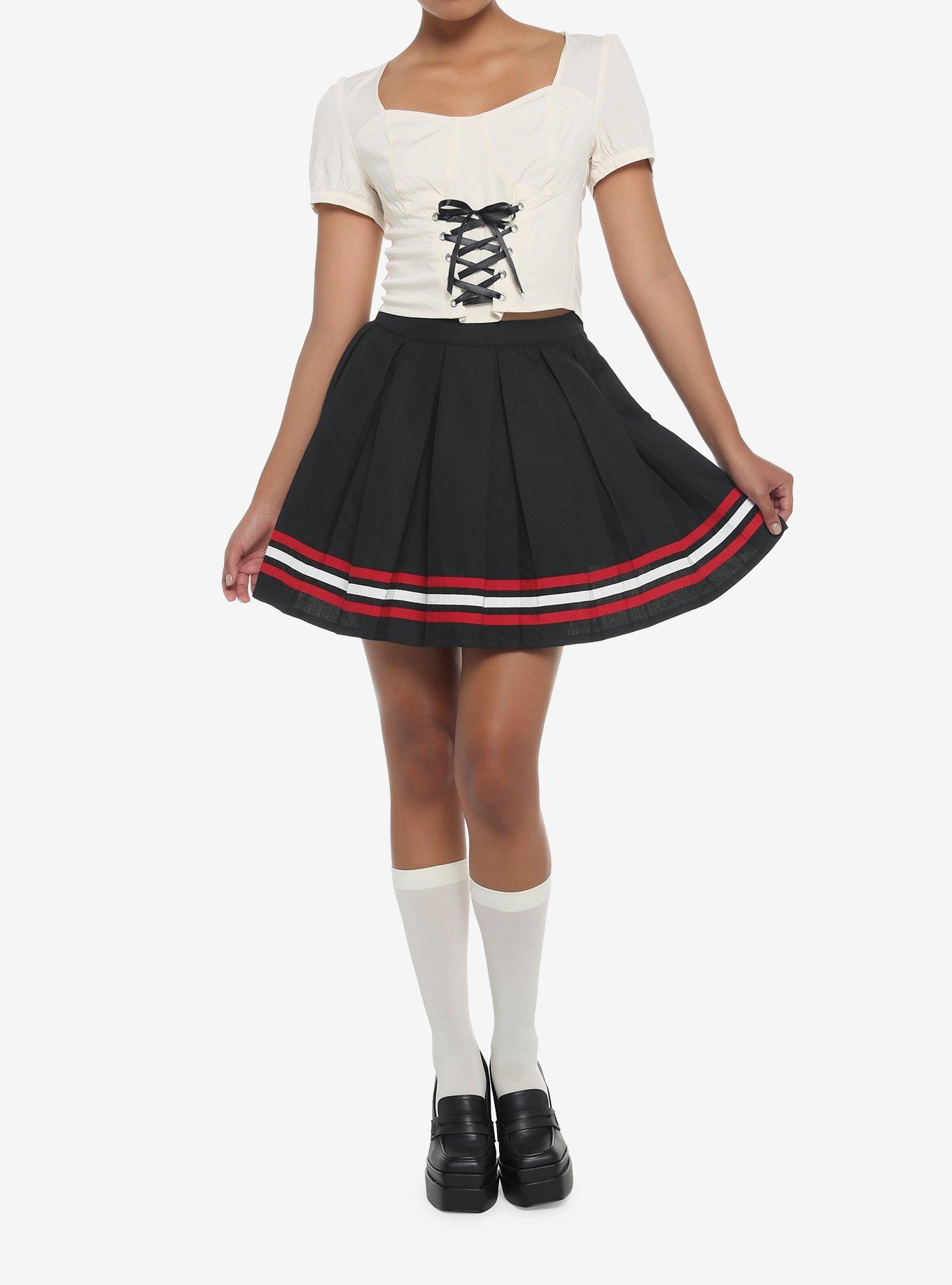 Red & White Varsity Stripe Pleated Skirt, BLACK, alternate