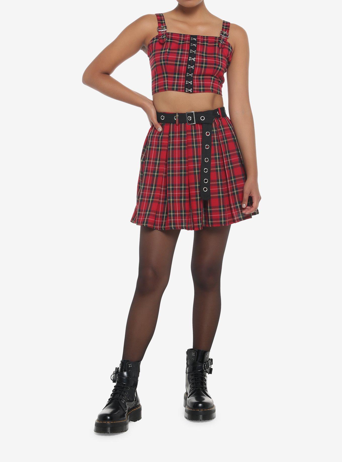 Red Plaid Grommet Belt Pleated Skirt, PLAID - RED, alternate