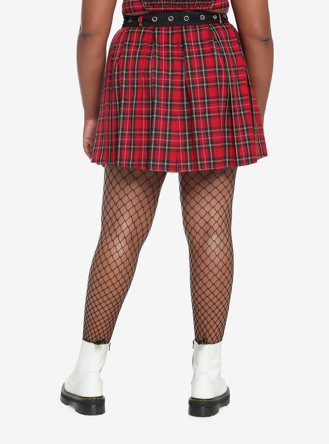 Red Plaid Grommet Belt Pleated Skirt Plus Size, PLAID - RED, alternate