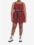 Red Plaid Grommet Belt Pleated Skirt Plus Size, PLAID - RED, alternate