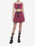 Hot Pink Tartan Pleated Skirt With Grommet Belt, PLAID - PINK, alternate