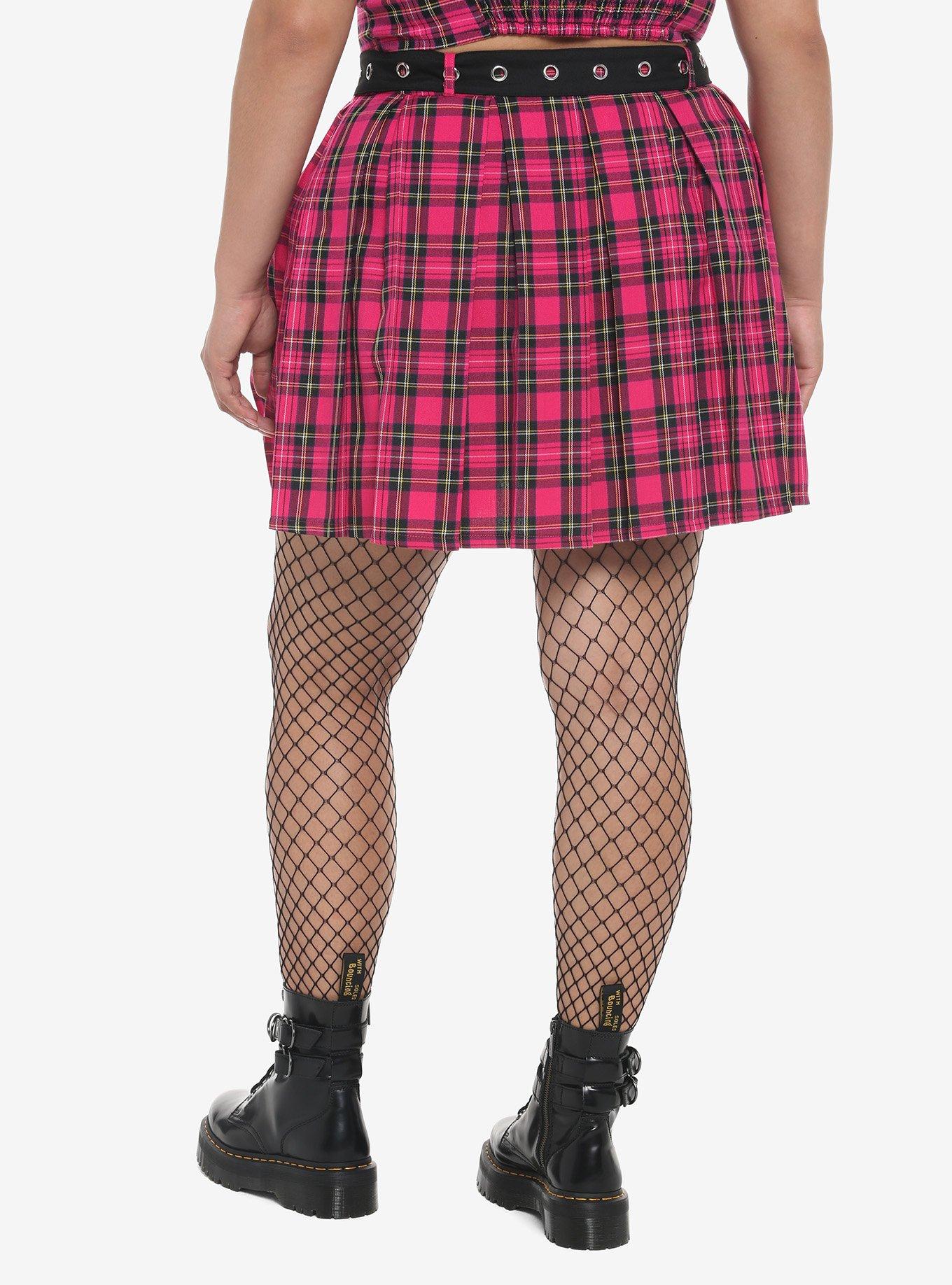 Hot Pink Tartan Pleated Skirt With Grommet Belt Plus Size, PLAID - PINK, alternate - view 2