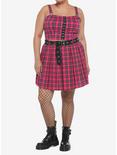Hot Pink Tartan Pleated Skirt With Grommet Belt Plus Size, PLAID - PINK, alternate