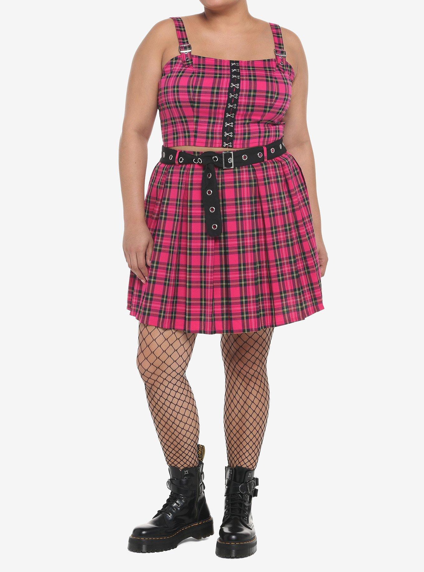 Hot Pink Tartan Pleated Skirt With Grommet Belt Plus Size, PLAID - PINK, alternate - view 3