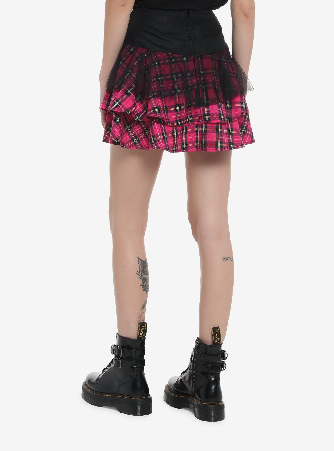 Hot Pink Tartan & Mesh Tiered Skirt, PLAID - PINK, alternate
