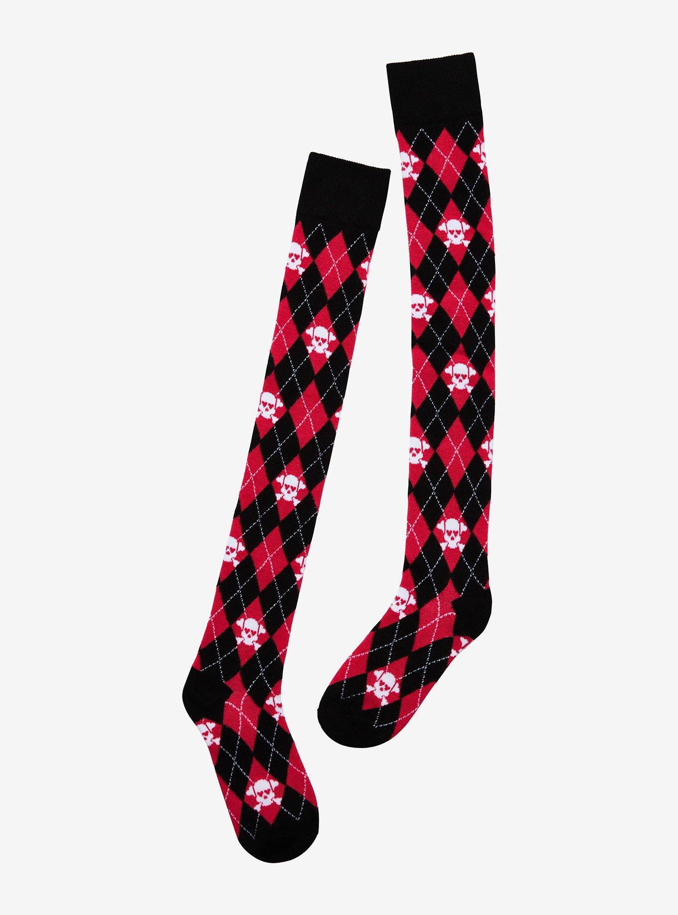 Pink Argyle Skull Over-The-Knee Socks, , alternate