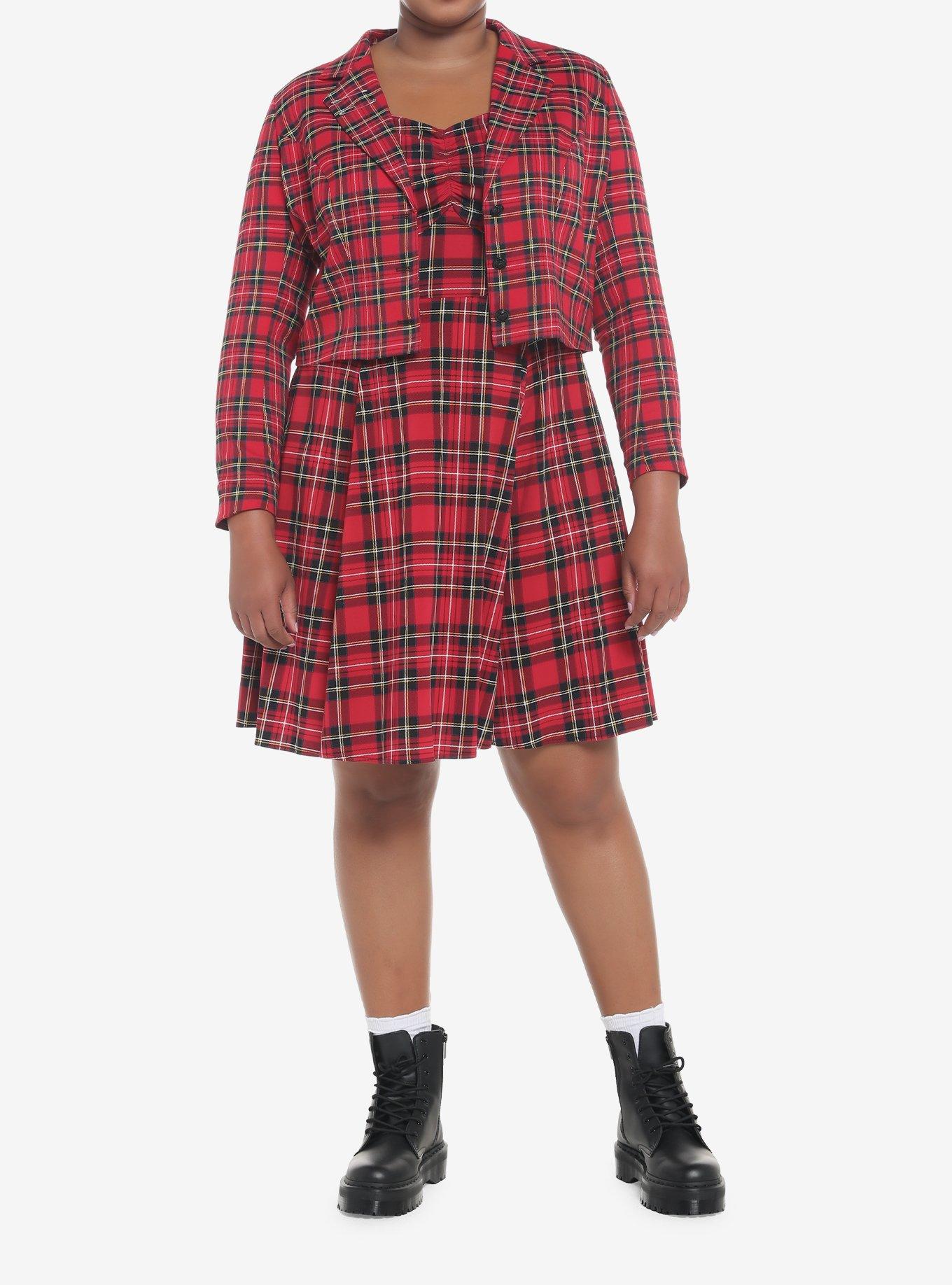 Red Plaid Safety Pin Girls Crop Blazer Plus Size, RED, alternate