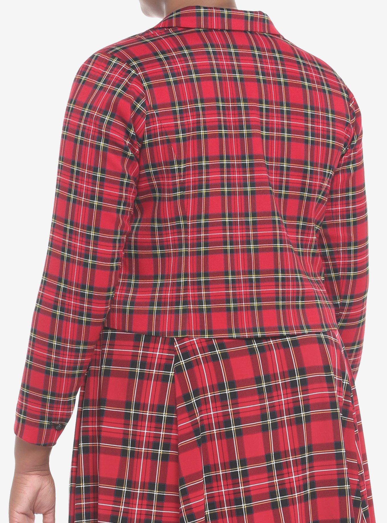 Red Plaid Safety Pin Girls Crop Blazer Plus Size, RED, alternate
