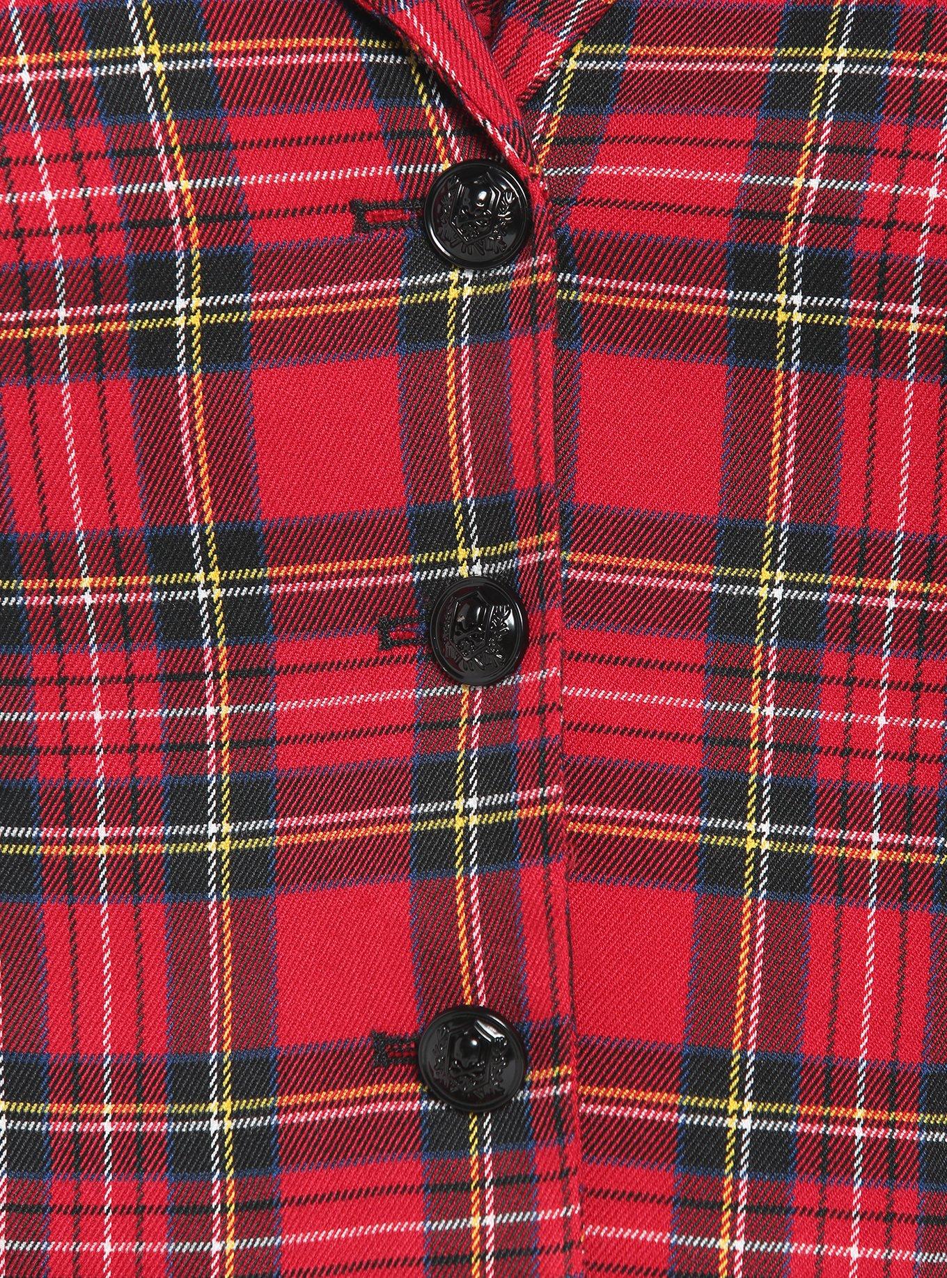 Red Plaid Safety Pin Girls Crop Blazer Plus Size, RED, alternate