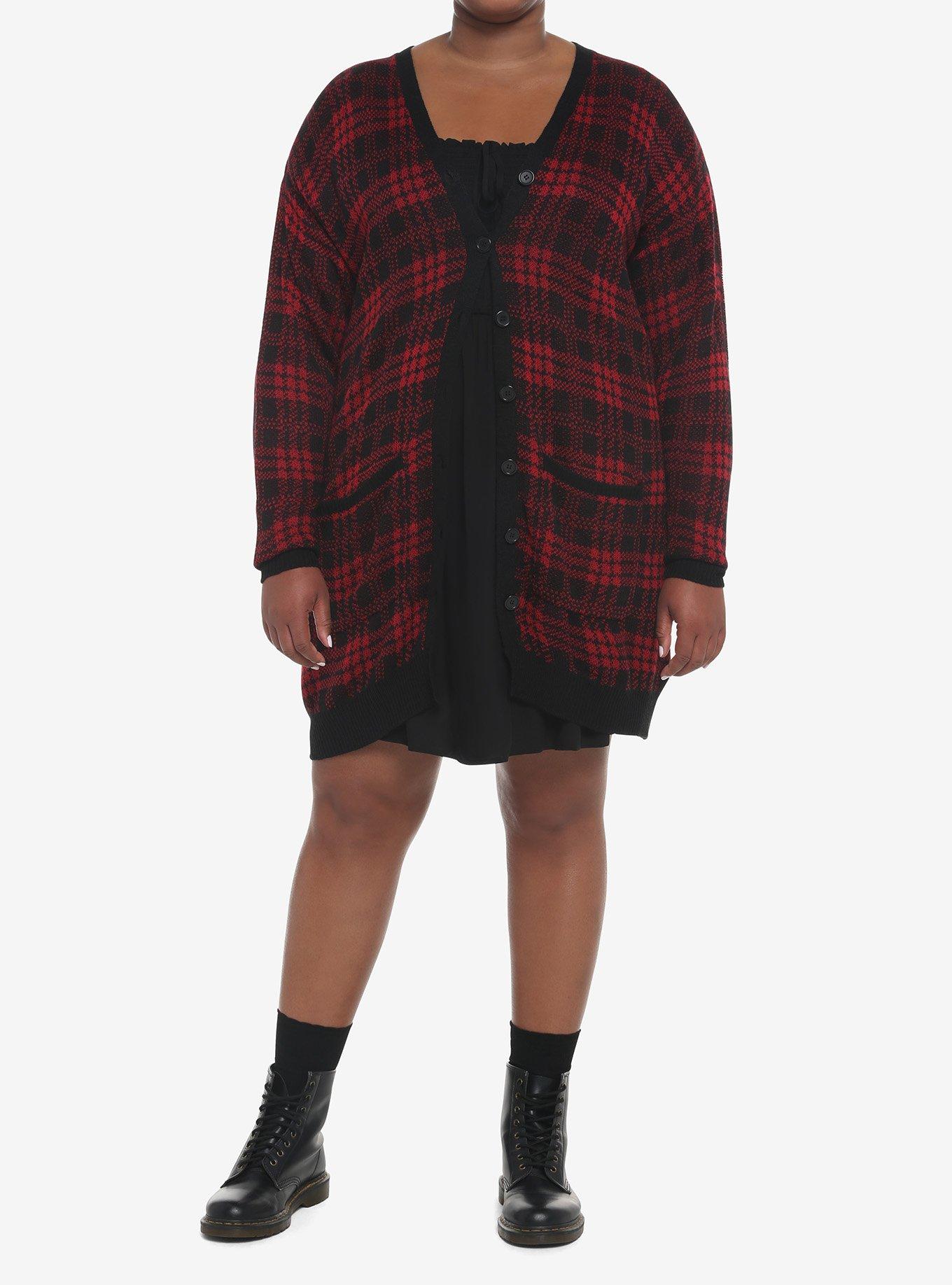 Red & Black Plaid Girls Oversized Cardigan Plus Size, RED, alternate
